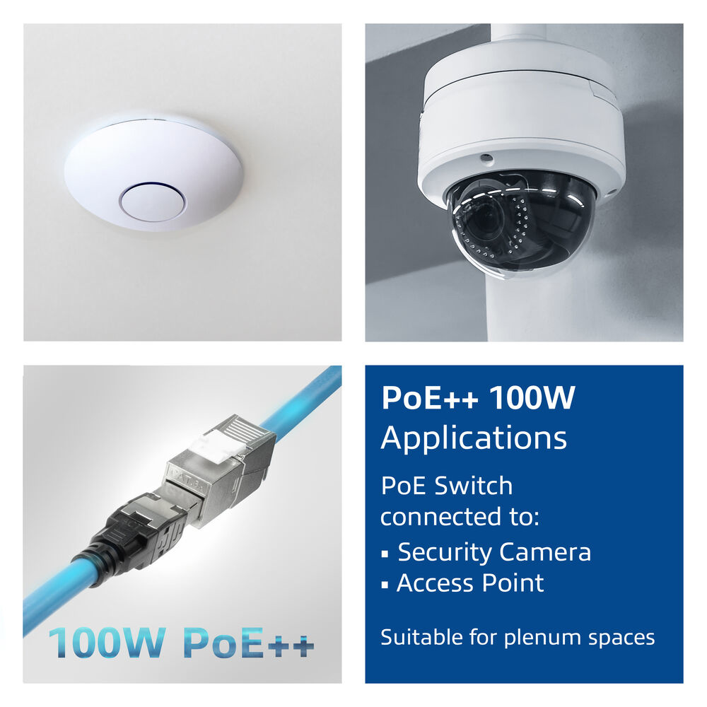Das Bild zeigt PoE++-Anwendungen: Access Point, Überwachungskamera und ein Netzwerkkabel. Text erwähnt 'geeignet für Hohlräume'.