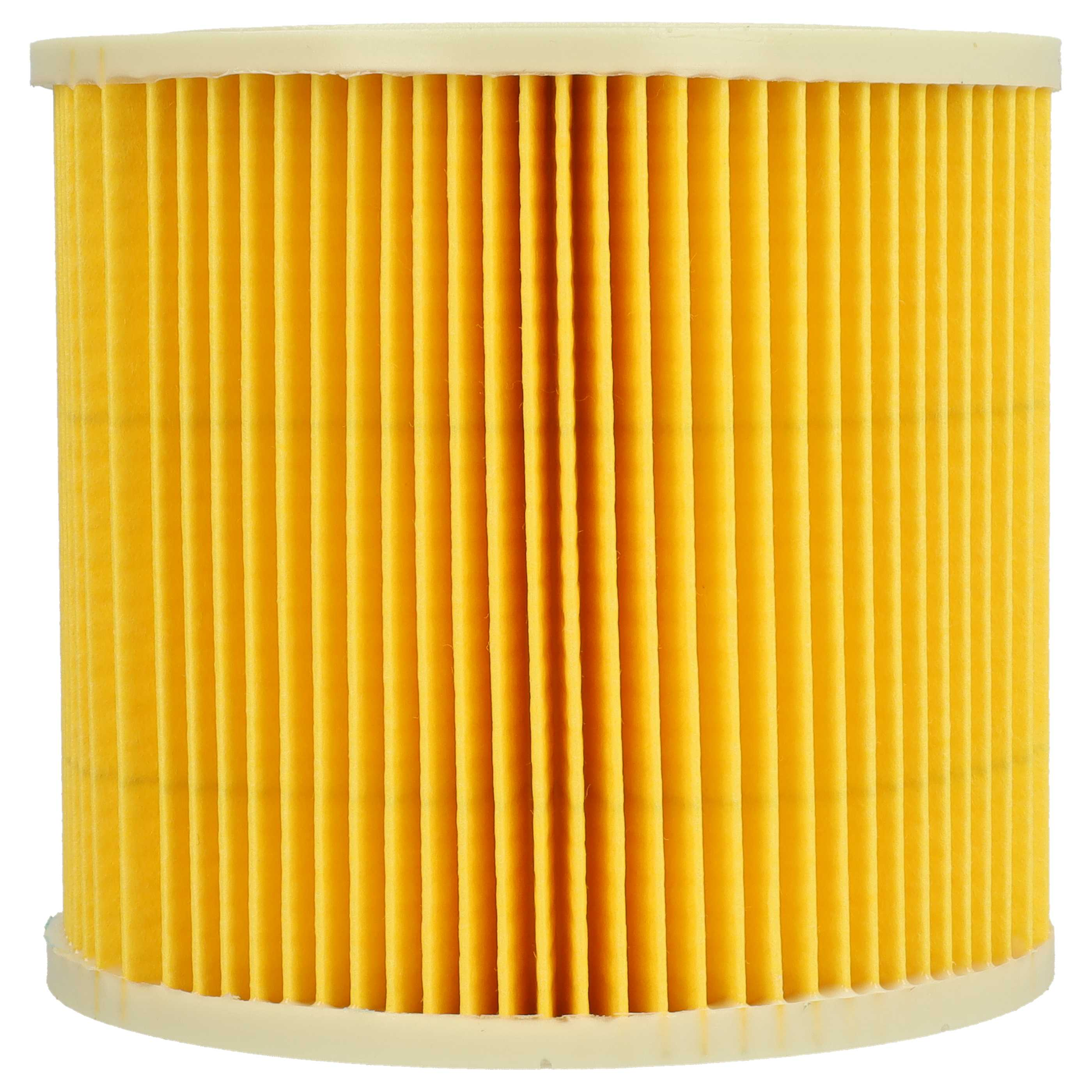 Ein zylindrischer Luftfilter mit gelbem, plissiertem Papier und cremefarbenen Kunststoffrändern.