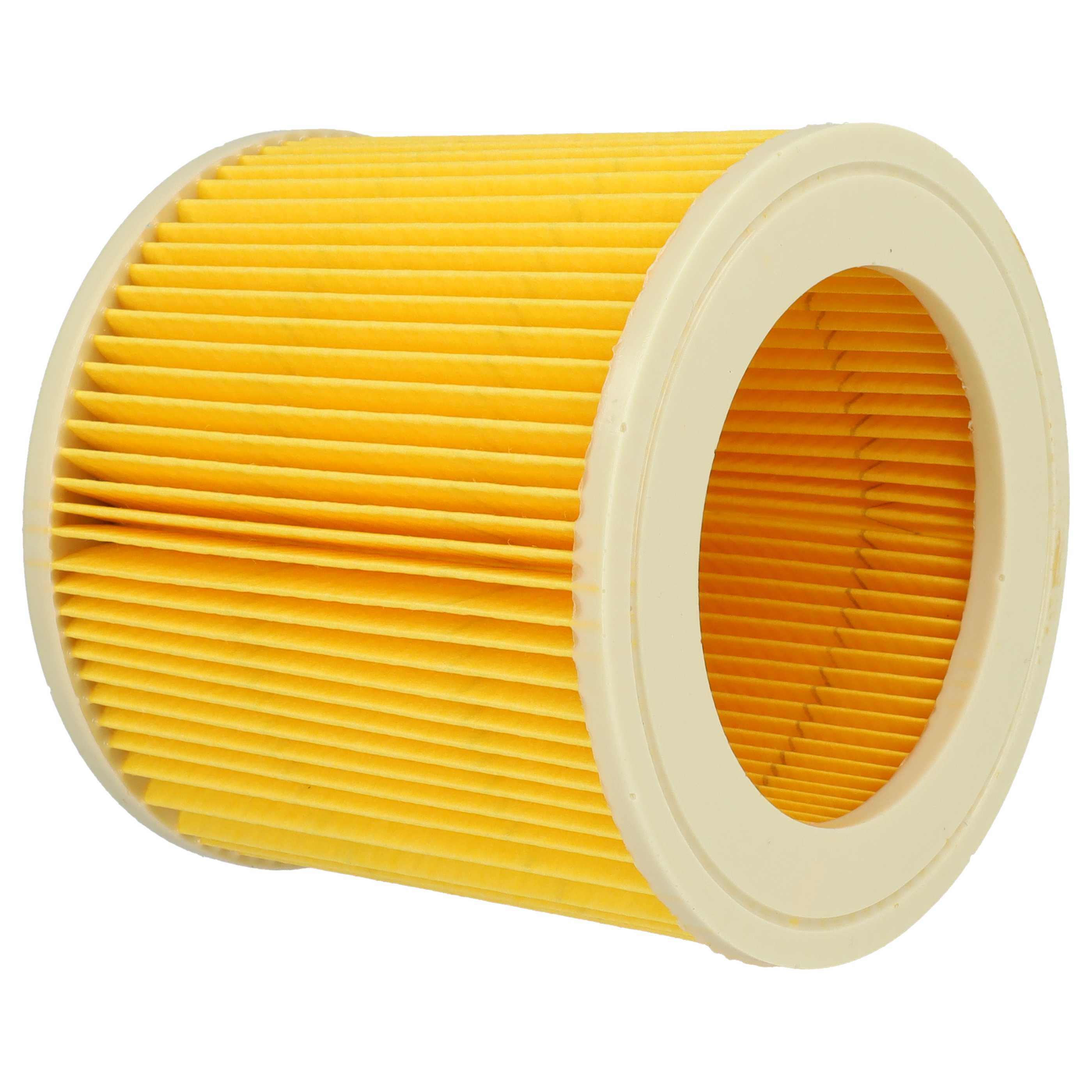 Ein gelber Luftfilter mit beigem Rand. Der Filter hat viele horizontale, parallele Falten. Weißer Hintergrund.
