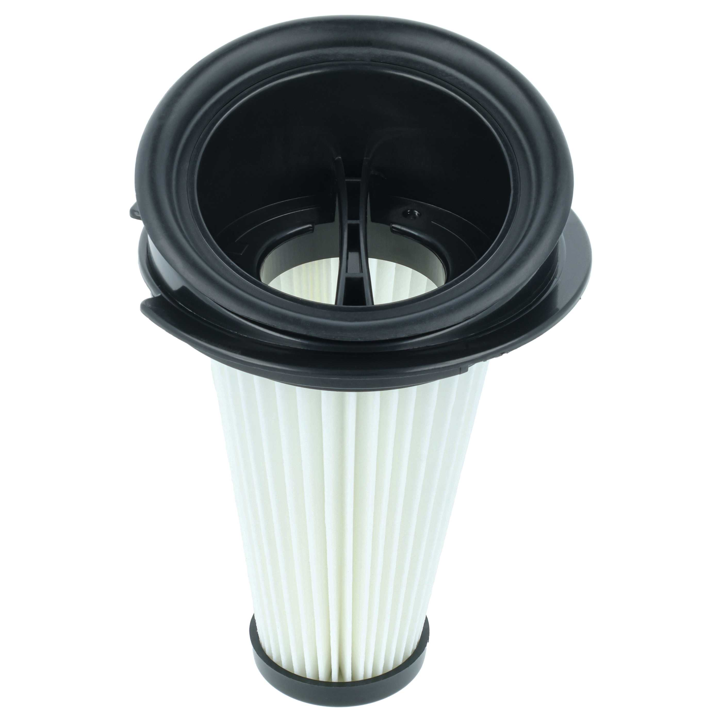 Ein Staubsaugerfilter. Er hat eine schwarze Ober- und Unterseite mit weißem, plissiertem Filterpapier.