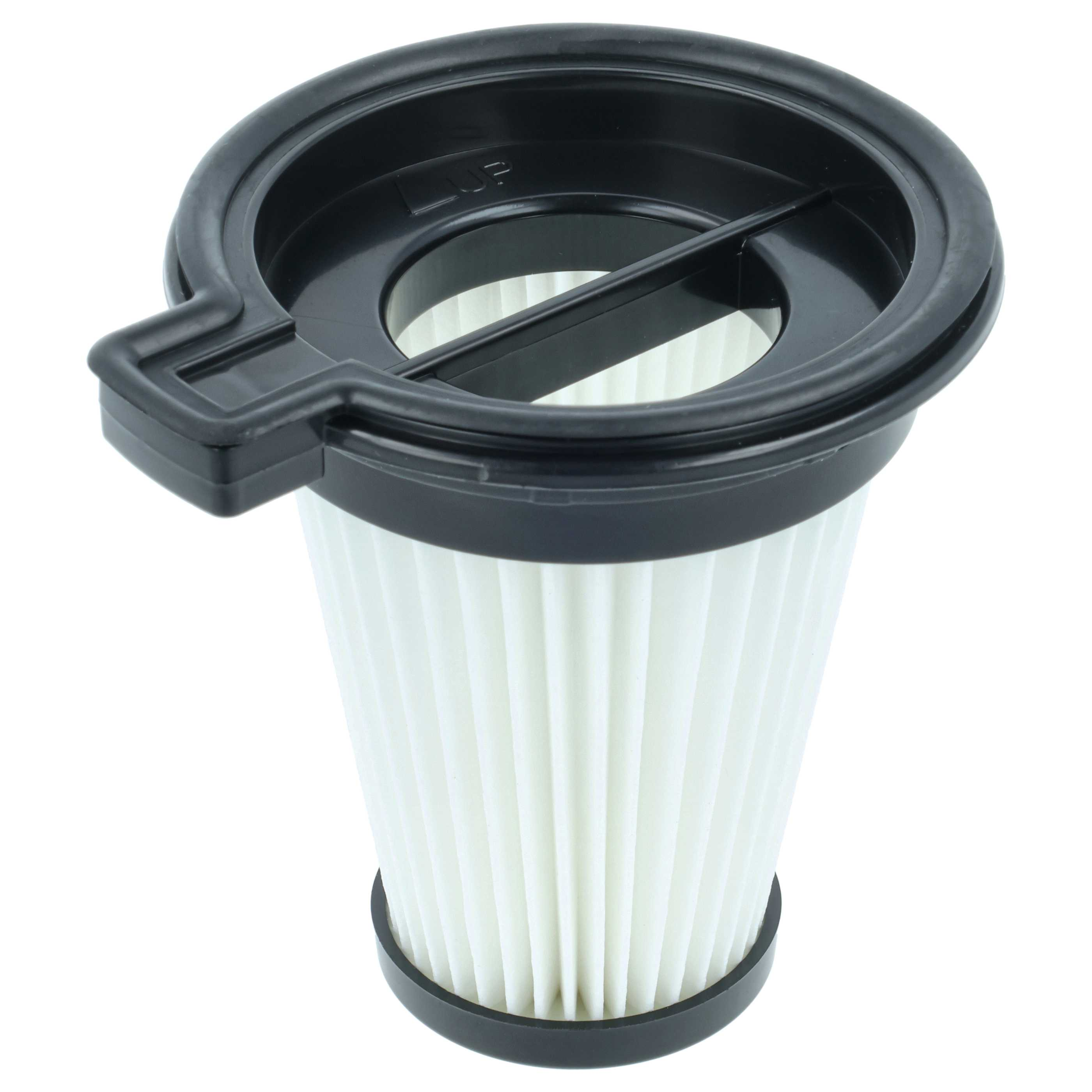 Ein weißer, plissierter Filter mit schwarzem oberem und unterem Rand. Der obere Rand hat einen schwarzen Griff. Weißer Hintergrund.