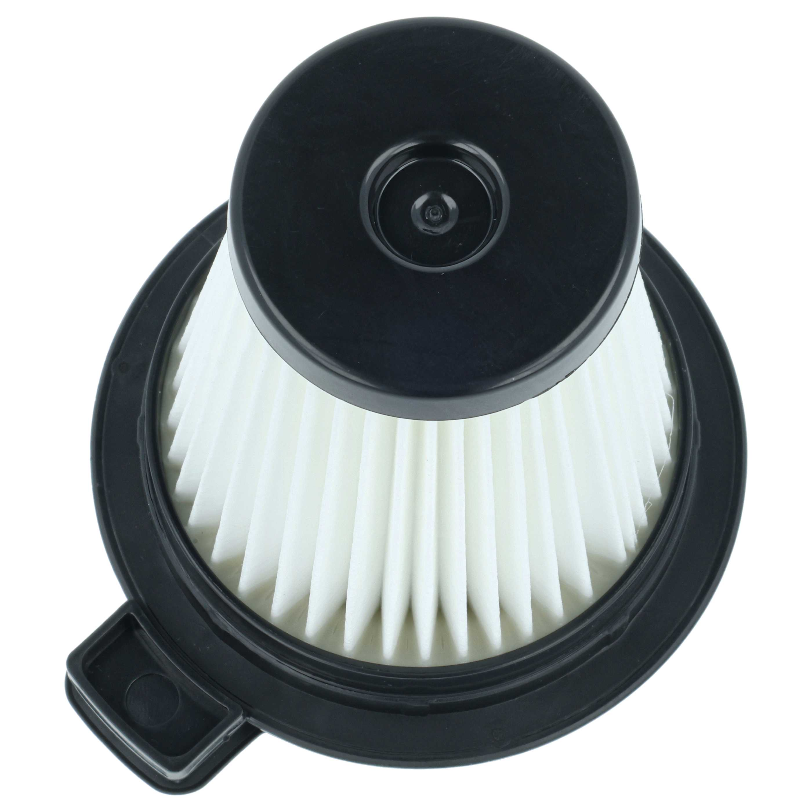 Nahaufnahme eines Vakuumfilters. Es hat eine schwarze Ober- und Unterseite mit weißem, plissiertem Filterpapier dazwischen.