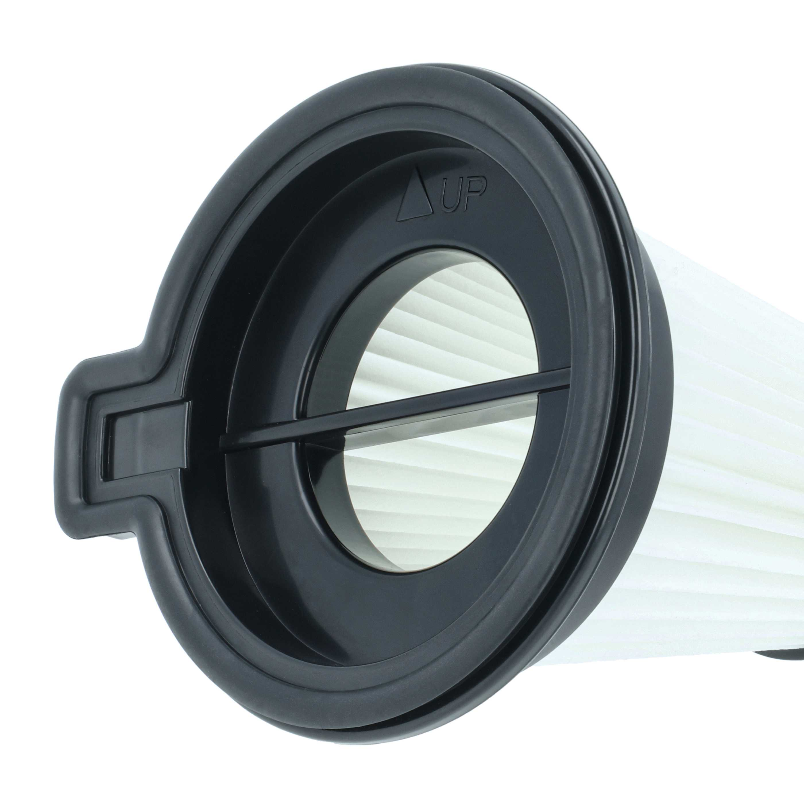 Nahaufnahme eines Staubsaugerfilters. Schwarzer Kunststoffrahmen mit weißem Faltfilter. Das Wort "UP" ist sichtbar.
