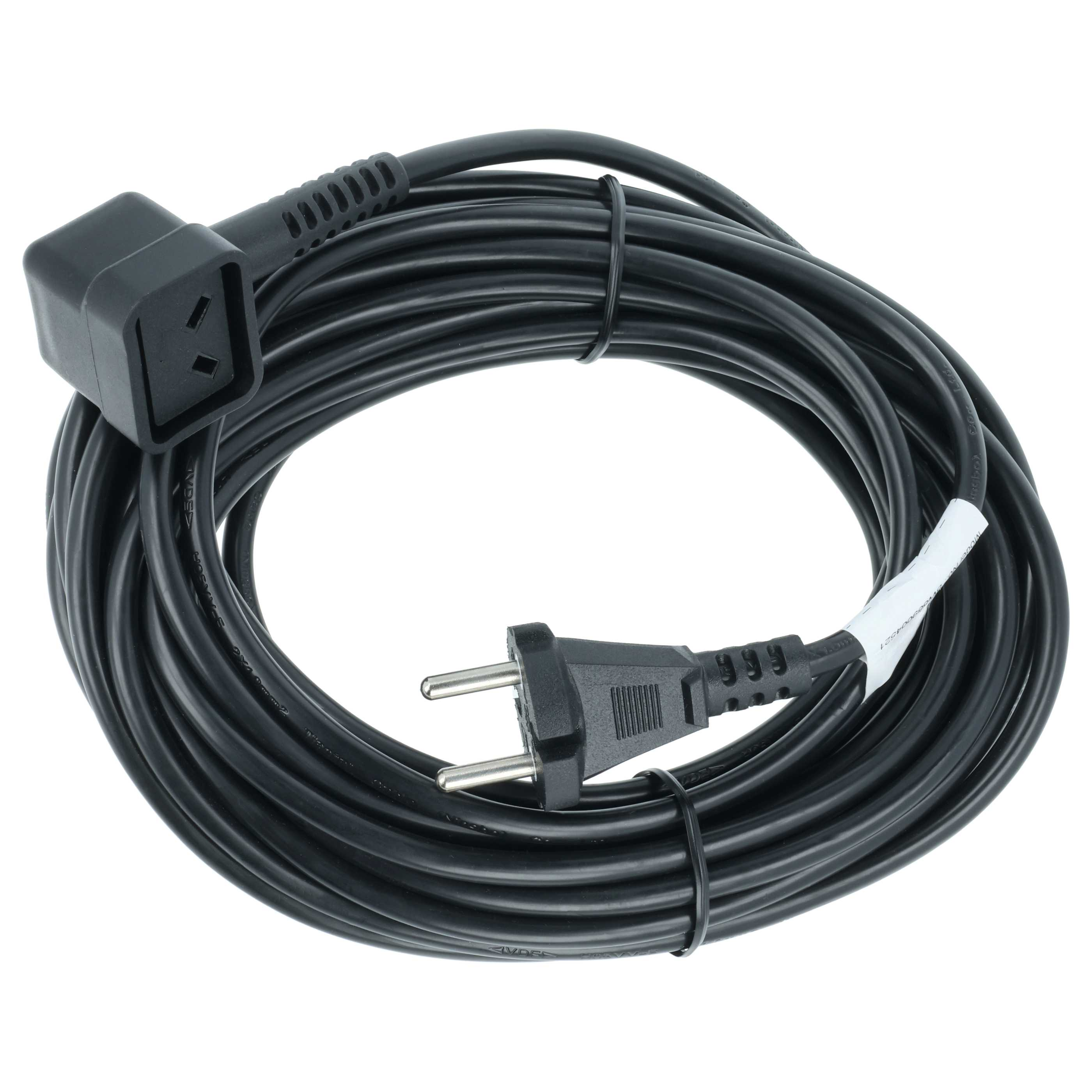Ein aufgerolltes schwarzes Netzkabel mit Stecker und Steckdose. Weißer Hintergrund.