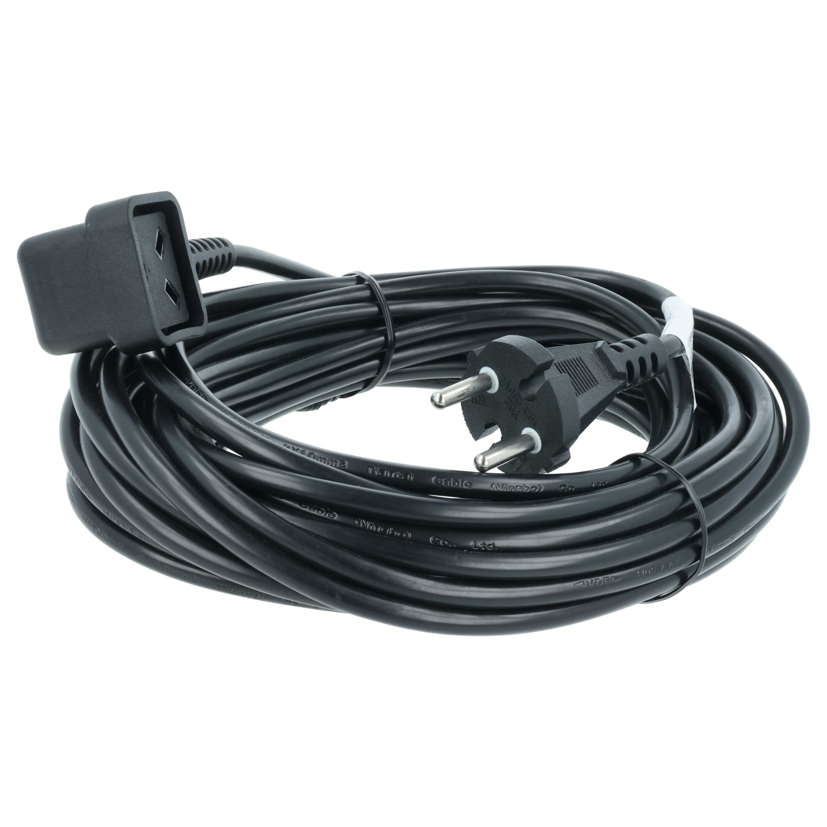 Ein aufgerolltes schwarzes Stromkabel mit einem Stecker an einem Ende und einer Buchse am anderen Ende.