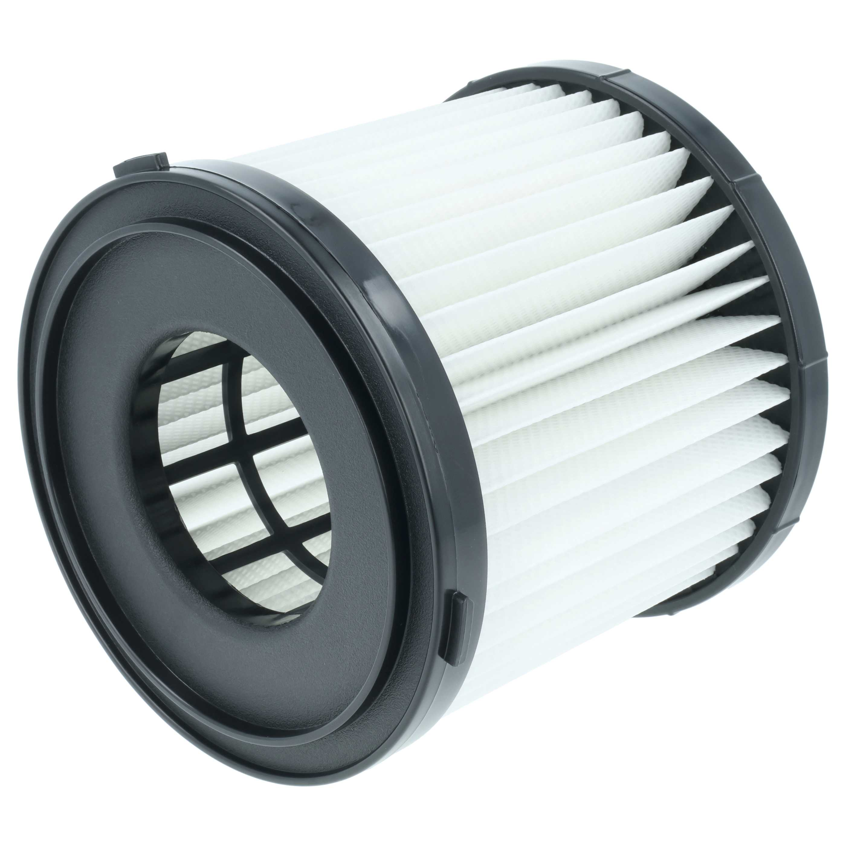 Gezeigt wird ein weiß-schwarzer Staubsaugerfilter. Der Filter hat eine zylindrische Form und befindet sich vor weißem Hintergrund.