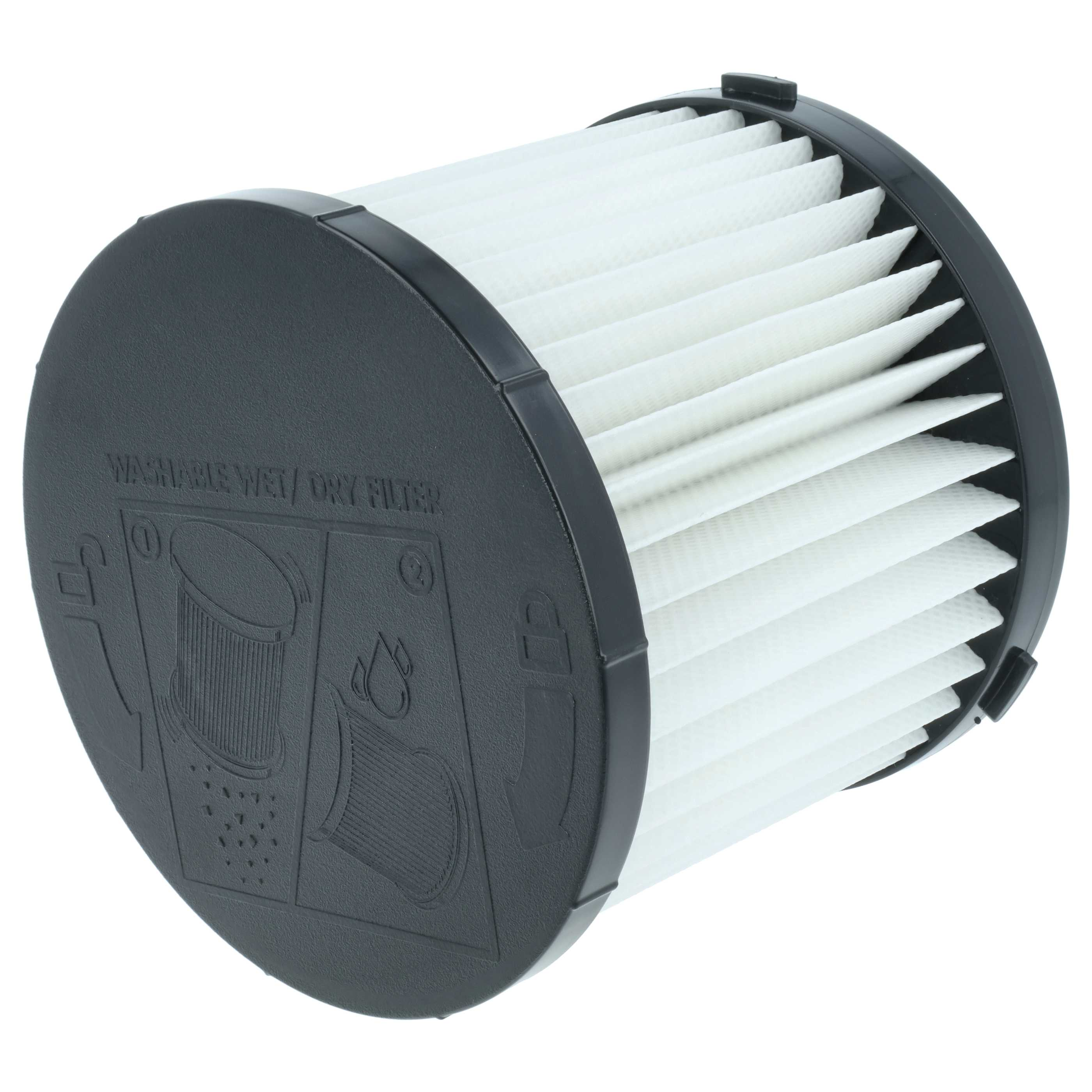 Ein zylindrischer Staubsaugerfilter. Er hat eine schwarze Kappe und weißes, plissiertes Filterpapier.
