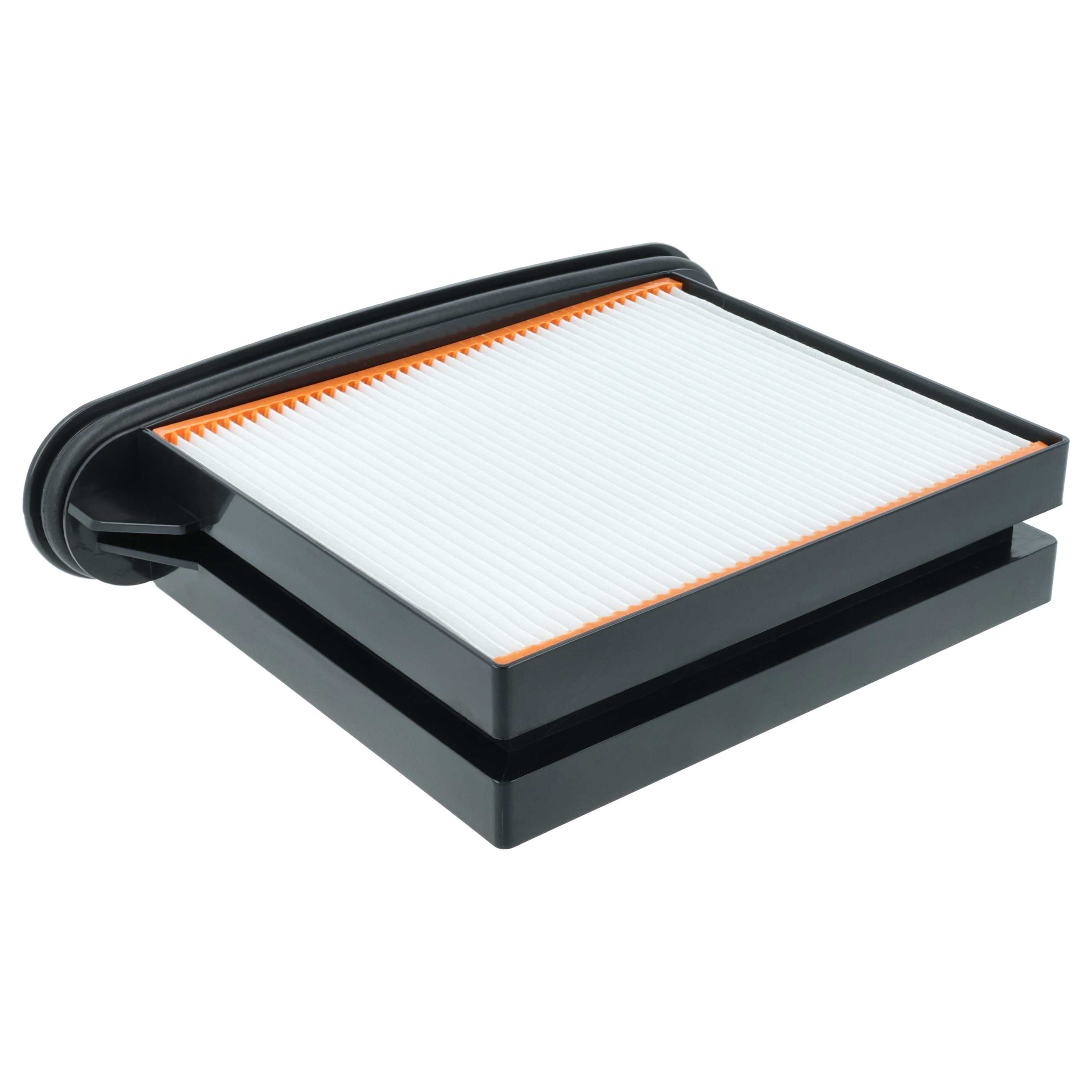 Ein Luftfilter wird auf weißem Hintergrund gezeigt. Es ist schwarz mit weißem Filterpapier und orangefarbenen Kanten.