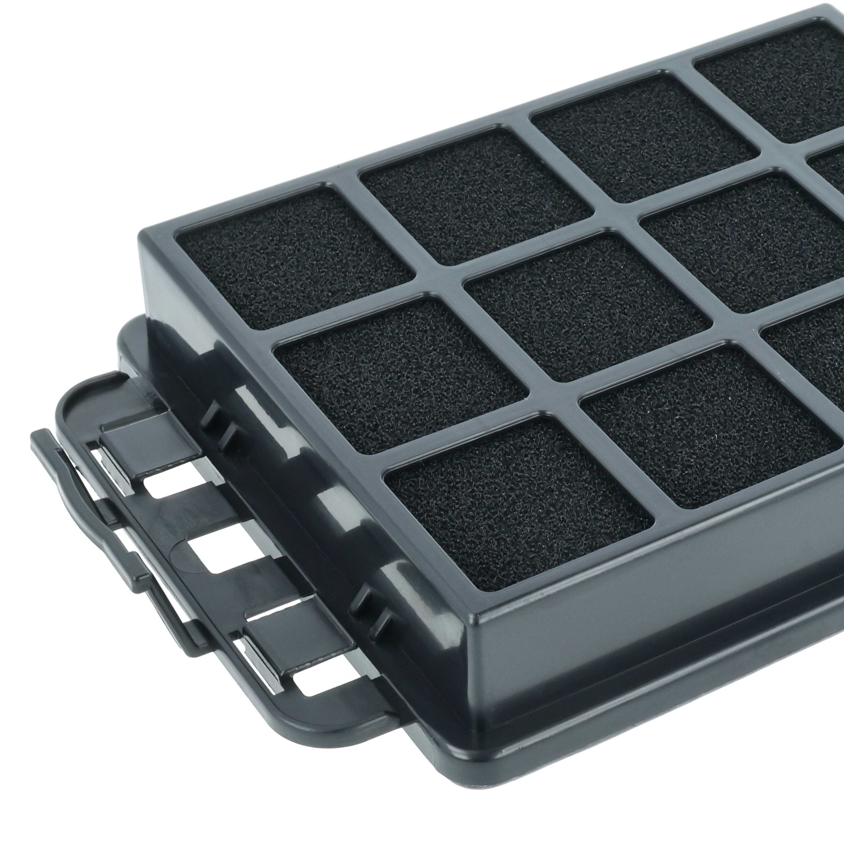 Ein dunkelgrauer Luftfilter mit schwarzen Schaumstoffquadraten und einem Griff wird vor weißem Hintergrund gezeigt.