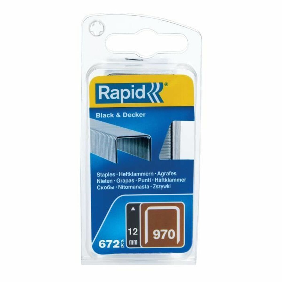 Eine Packung Rapid-Heftklammern der Marke Black & Decker. Es befindet sich in einer durchsichtigen Plastikhülle. Das Paket hat Text in mehreren Sprachen.