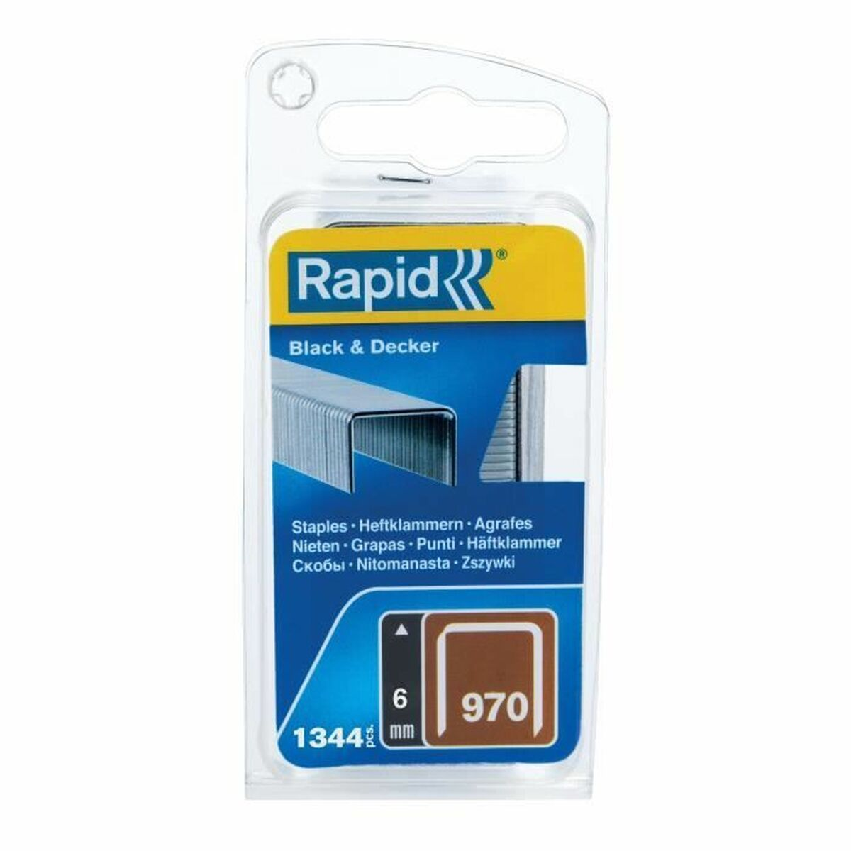 Eine Packung Rapid-Tackerklammern. Die Verpackung ist aus klarem Kunststoff. Das Etikett ist gelb und blau mit Text in mehreren Sprachen.