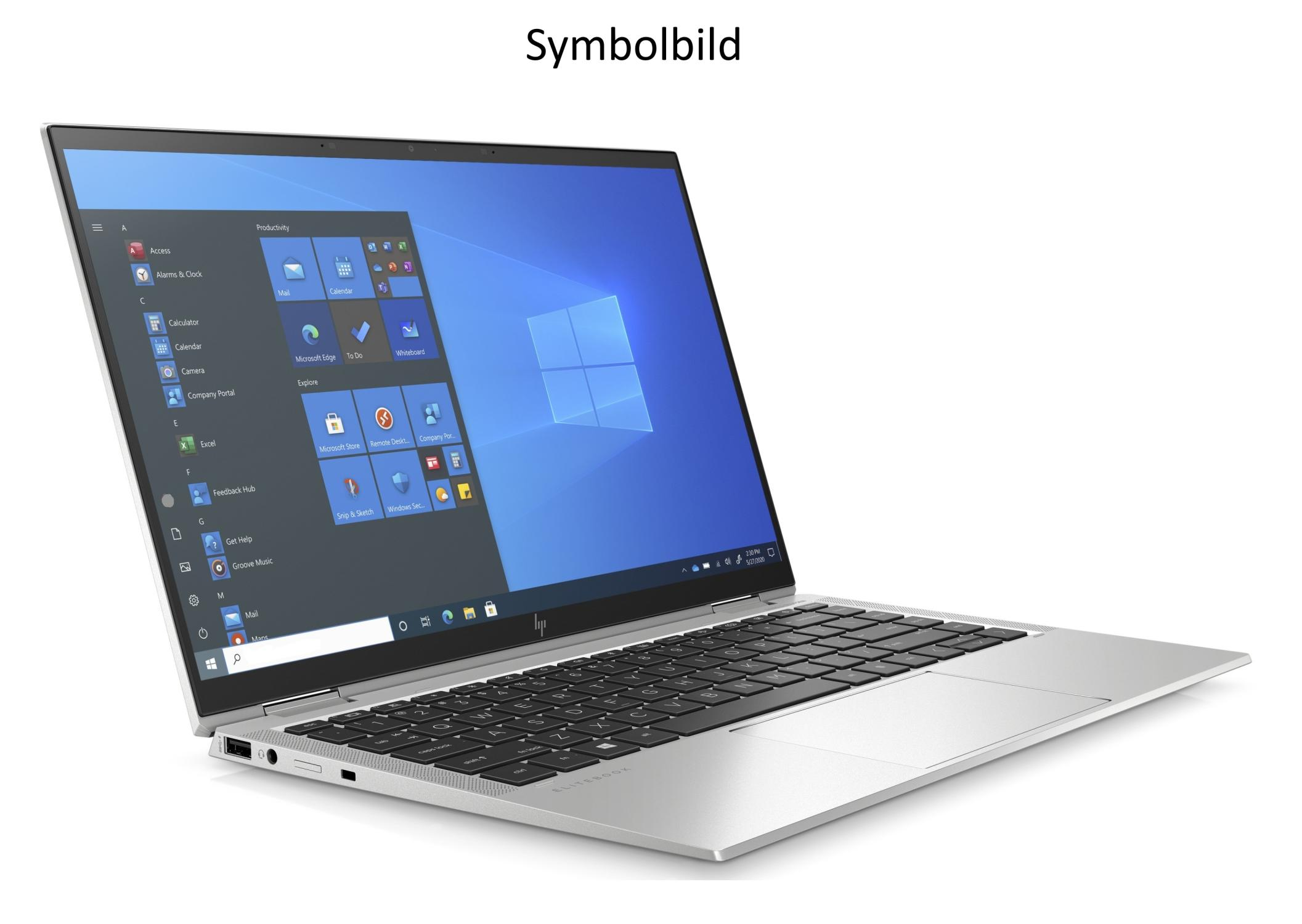 Ein silbernes HP Elitebook-Laptop ist geöffnet. Der Bildschirm zeigt den Windows-Desktop mit App-Symbolen. Die Tastatur ist schwarz.