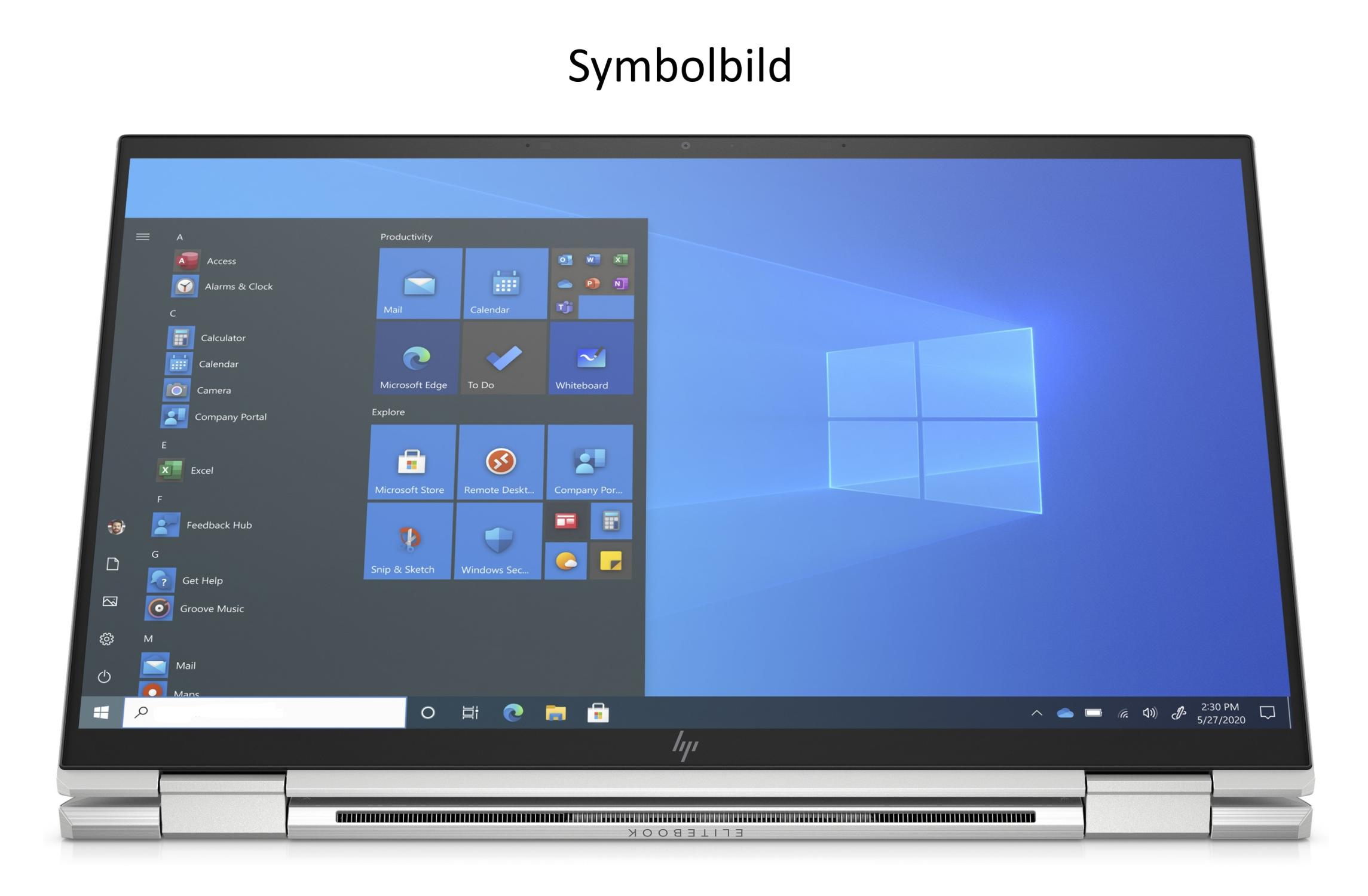 Ein Laptop-Bildschirm, der eine Windows-Oberfläche anzeigt, mit verschiedenen App-Symbolen, die auf einem Schreibtisch geöffnet sind.