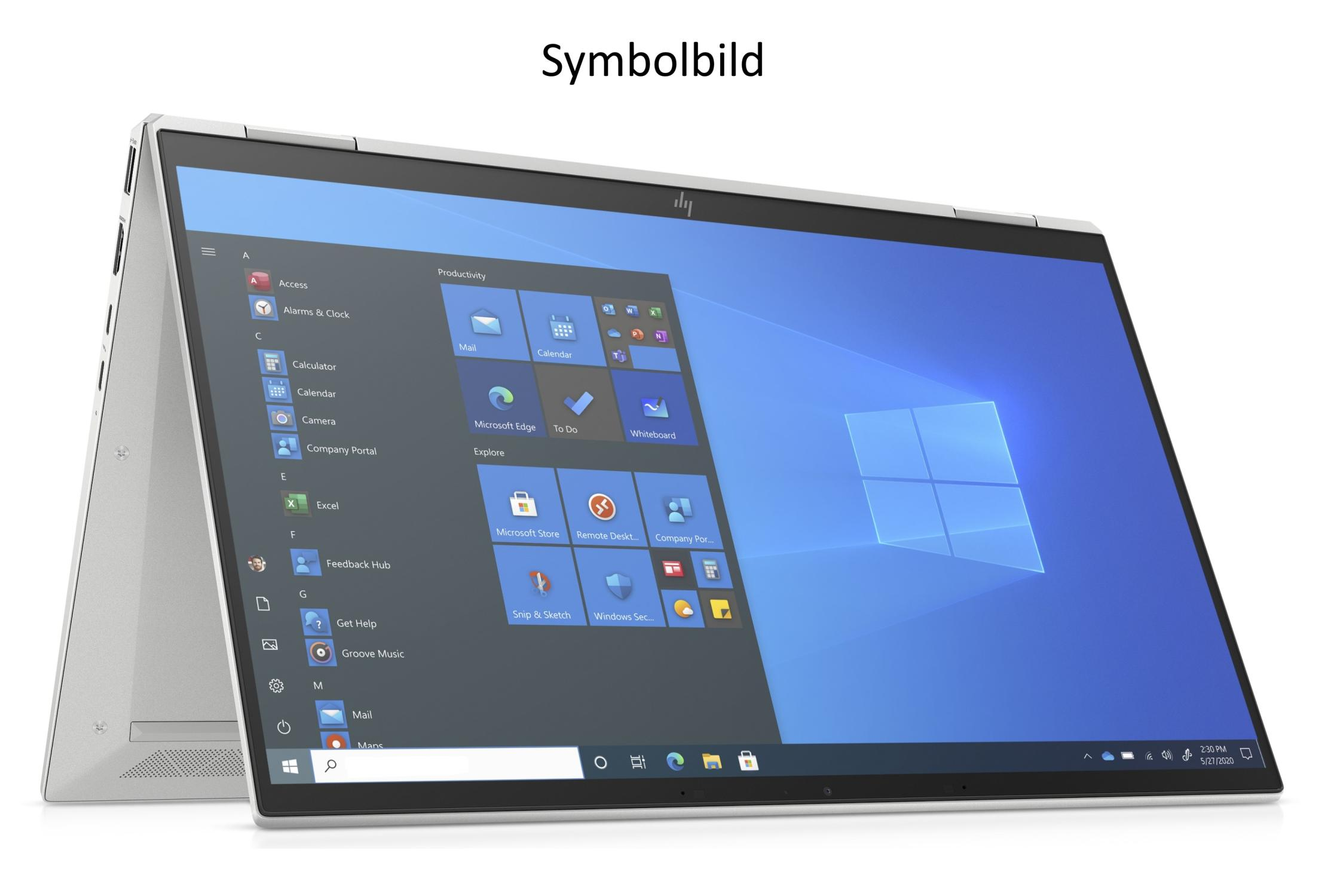 Silberner Laptop geöffnet, Bildschirm zeigt Windows 10 Oberfläche mit App-Symbolen. HP-Logo oben. Display zum Betrachter geneigt.