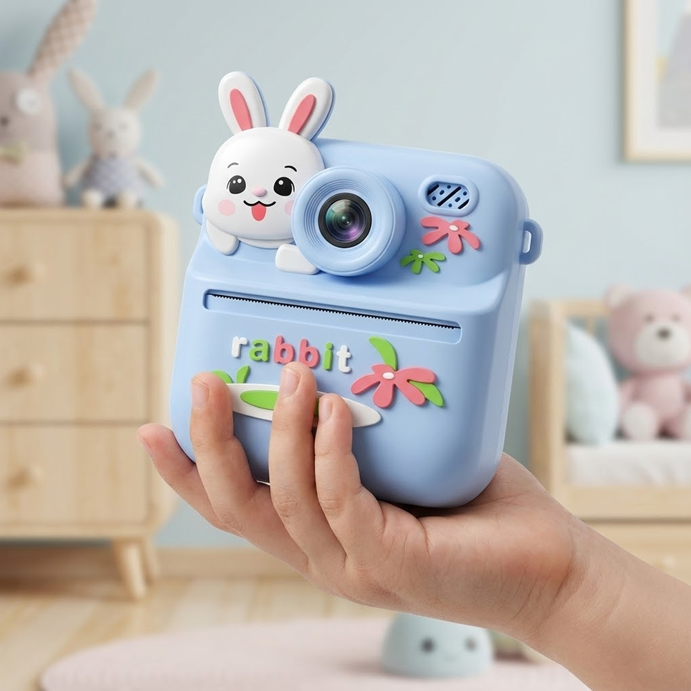 Bir çocuğun eli, tavşan tasarımlı, açık mavi bir oyuncak kamera tutuyor. Kamerada çiçekler ve 'rabbit' yazısı var. Arka planda başka oyuncaklar.