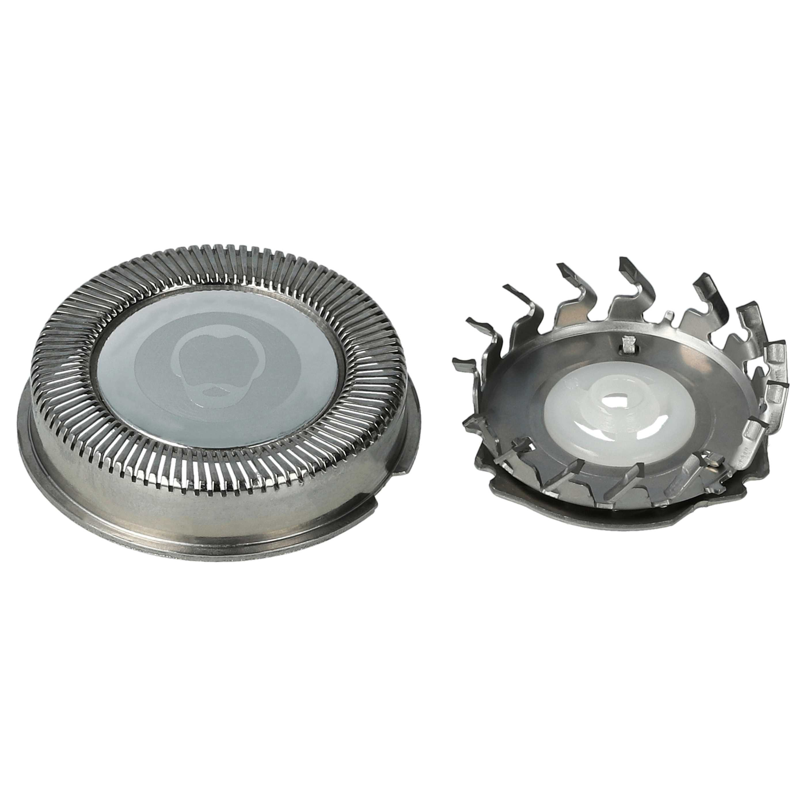 Zwei metallische Rasierköpfe. Einer ist kreisförmig mit Netzoberfläche, der andere hat Klingen.