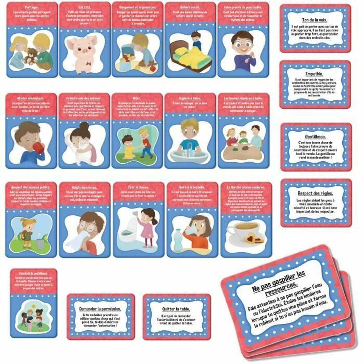 Carte con bambini, azioni e abilità sociali. Condivisione, empatia e rispetto. Stile cartone animato.
