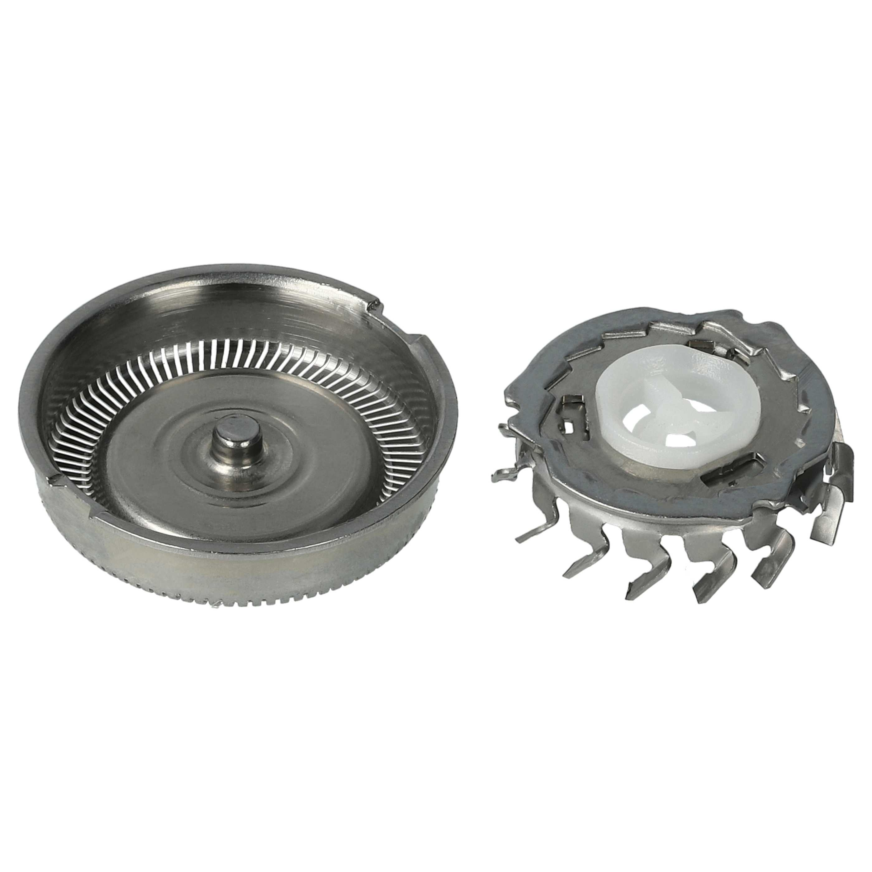 Zwei metallische Rasierer-Köpfe auf Weiß. Einer rund, einer mit Klingen und weißer Kunststoffmitte.