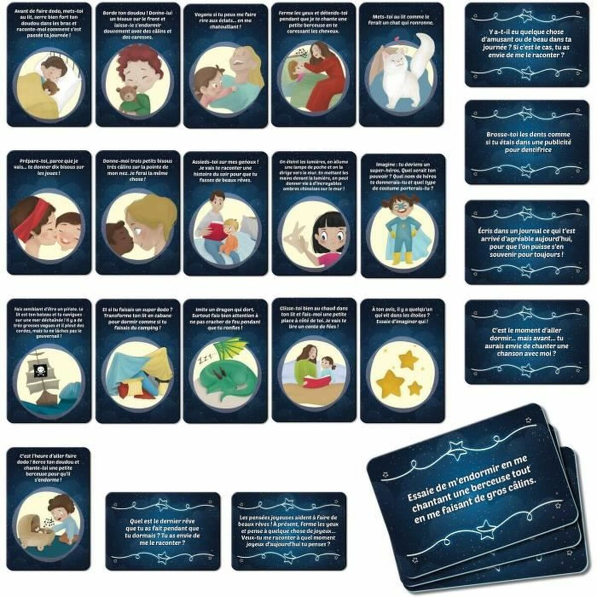 Carte con le routine della buonanotte dei bambini: lettura, canto e gioco fantasioso, con stelle.