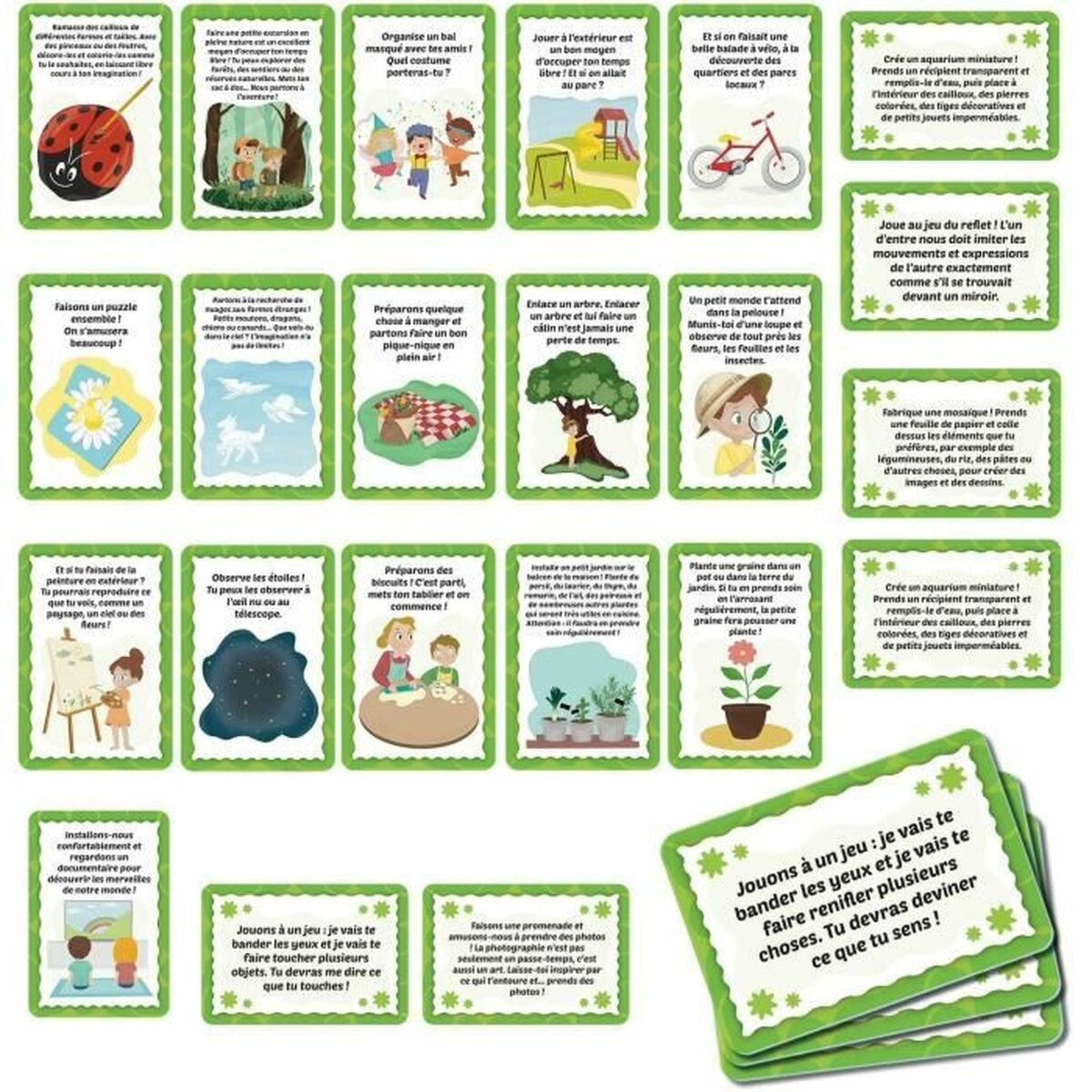 Carte con attività: fare puzzle, picnic, osservare le stelle, giocare e creare arte.