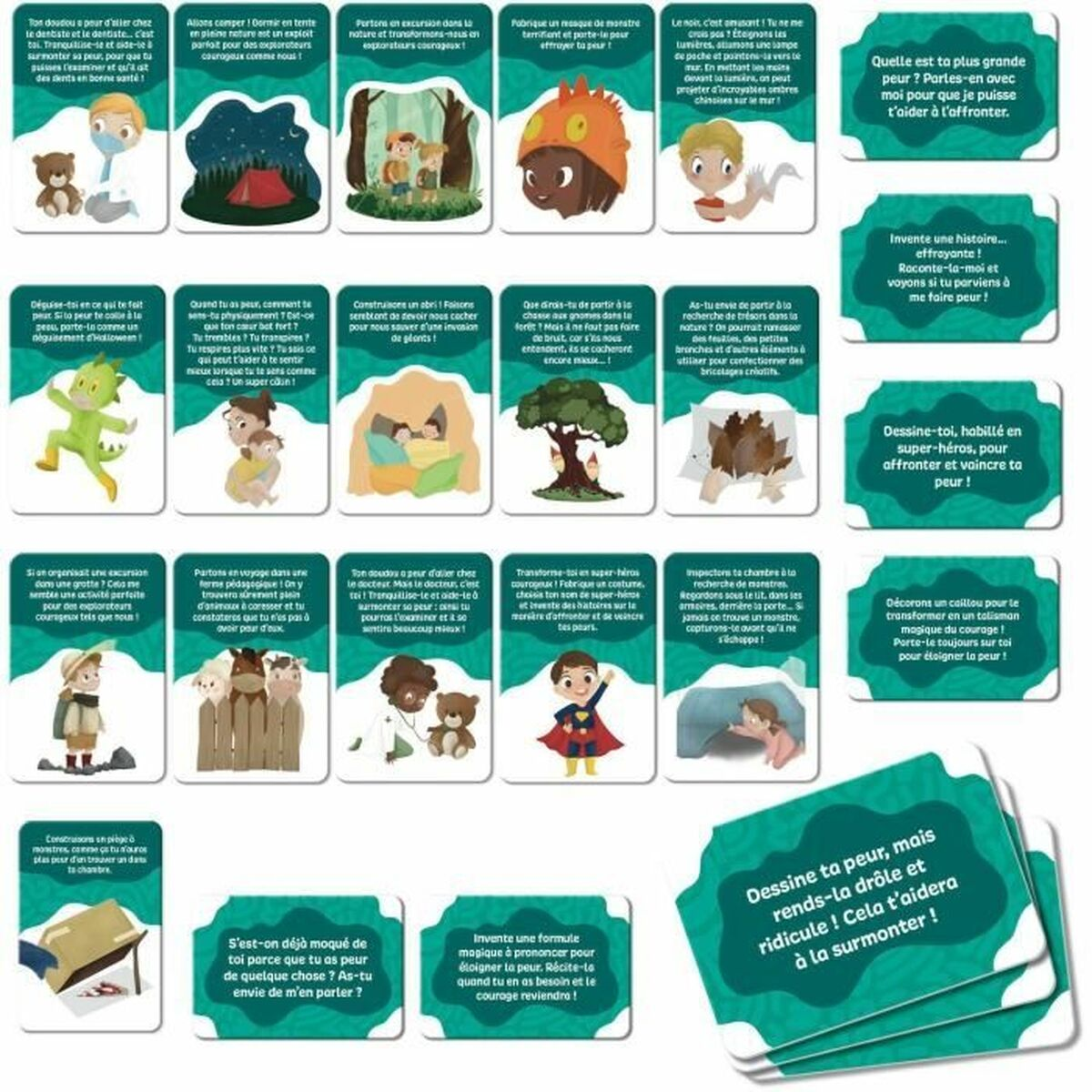 Carte con suggerimenti per aiutare i bambini a superare la paura, tra cui disegnare e raccontare storie.