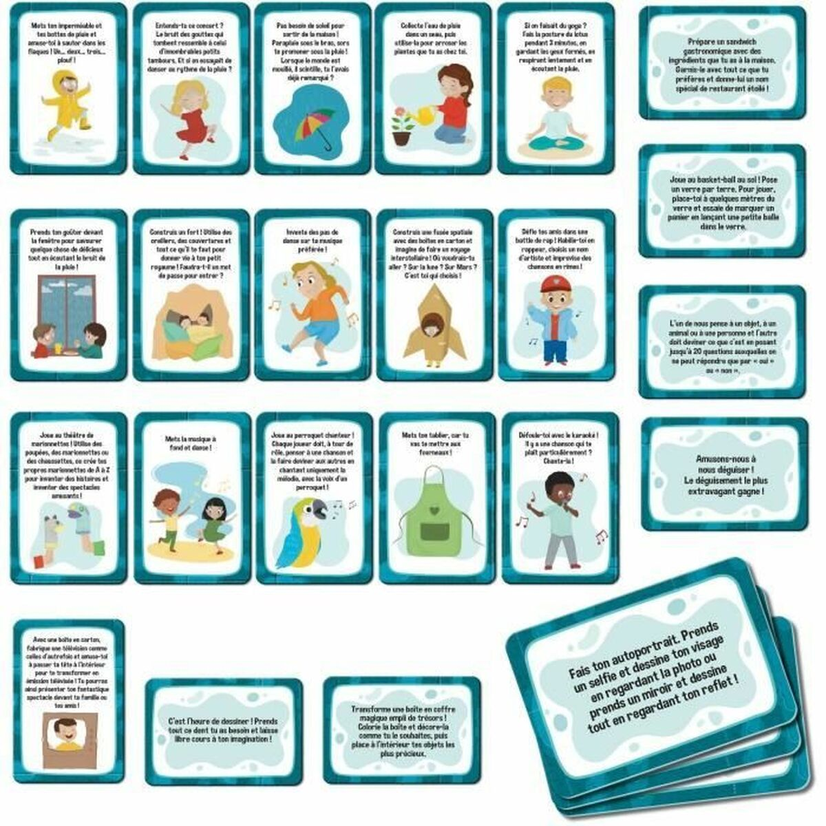 Un gioco con carte che illustrano attività: ballare sotto la pioggia, preparare panini e disegnare.