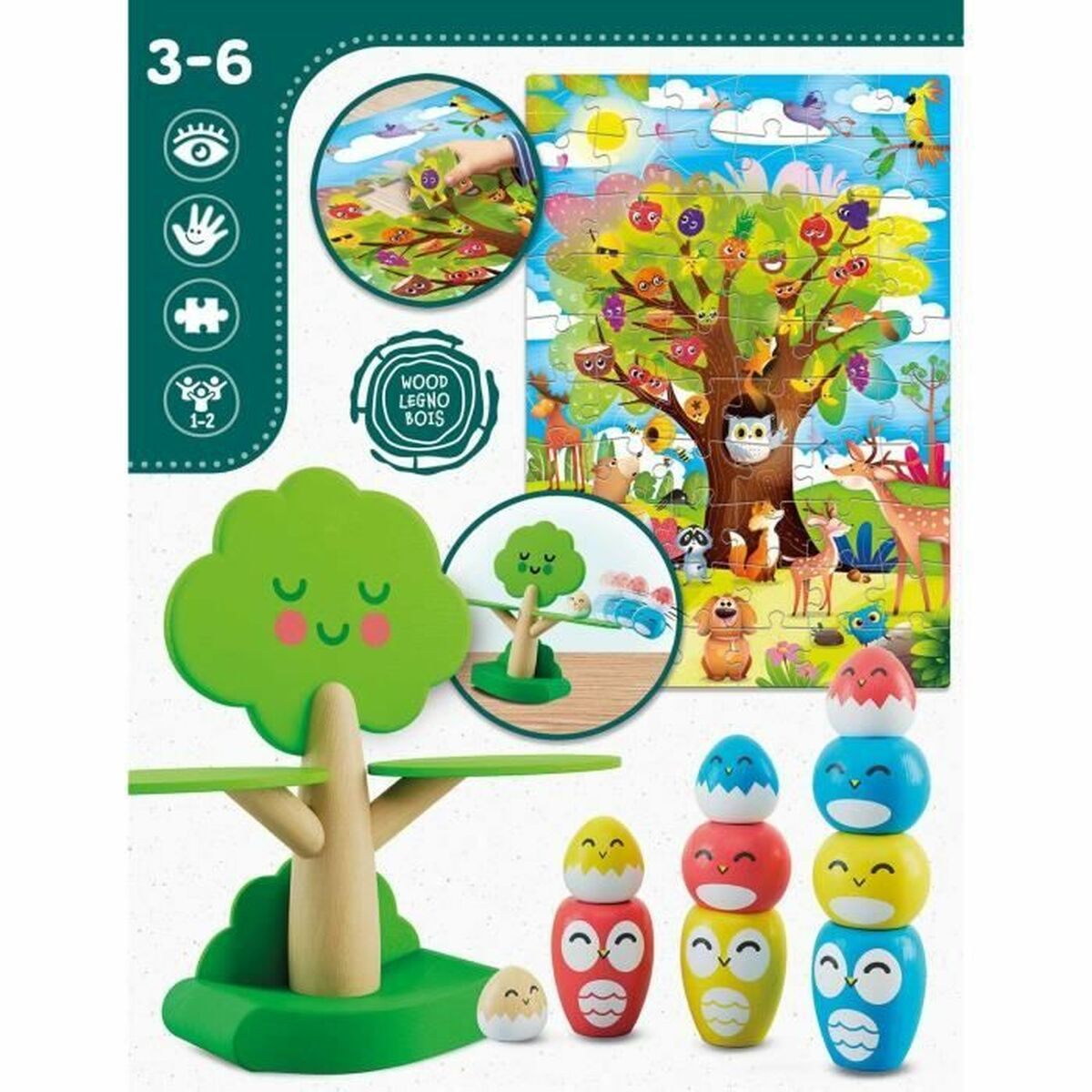 Un set di giocattoli in legno colorati, tra cui un puzzle ad albero, un giocattolo a forma di gufo impilabile e un piccolo albero con base verde.