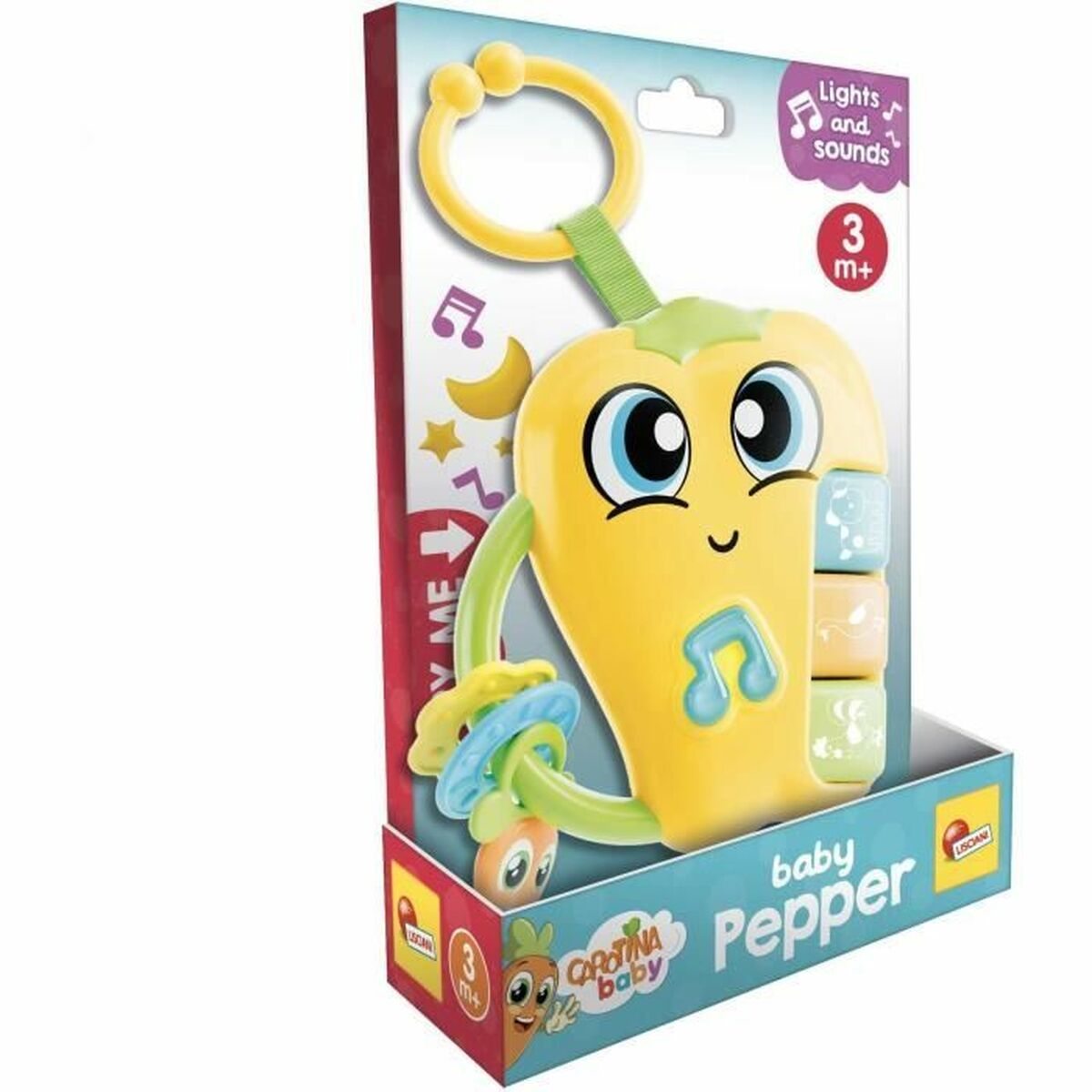 Un giocattolo per bambini a forma di peperone giallo con una faccia, un anello e dei pulsanti. È in una scatola con l'etichetta 'baby Pepper' e 'Lights and sounds'.