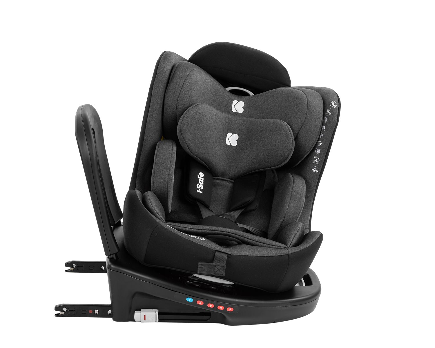 Ein schwarzer i-Safe Kindersitz. Er hat eine Kopfstütze, einen Sitz und eine Basis mit Einstellungsanzeigen. Der Sitz ist vor weißem Hintergrund.