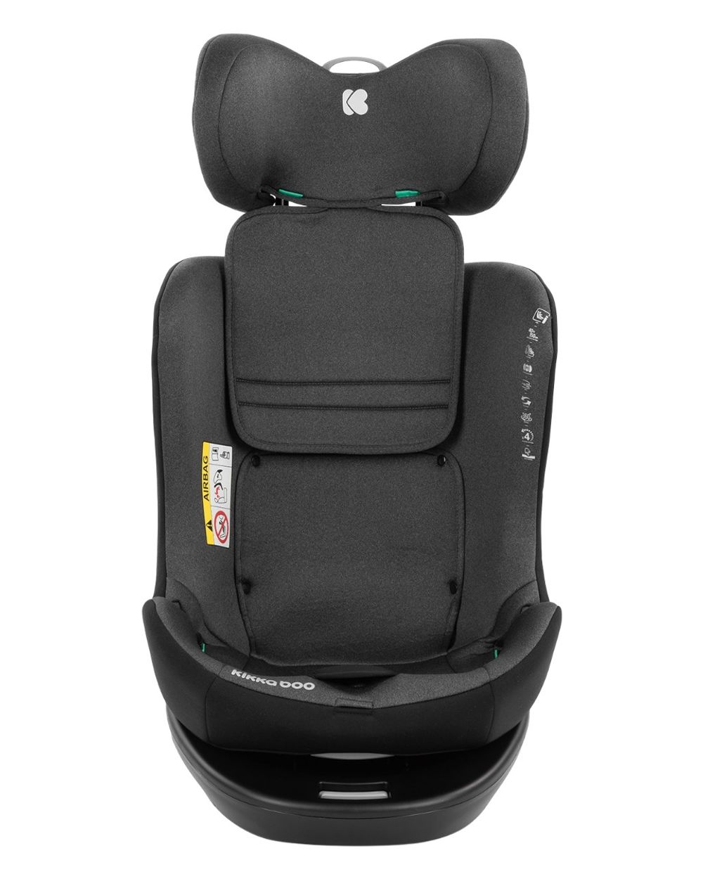 Ein grauer Kikka Boo Autositz. Er hat eine Kopfstütze mit Logo und ein Airbag-Warnschild. Er steht auf einer schwarzen Basis.
