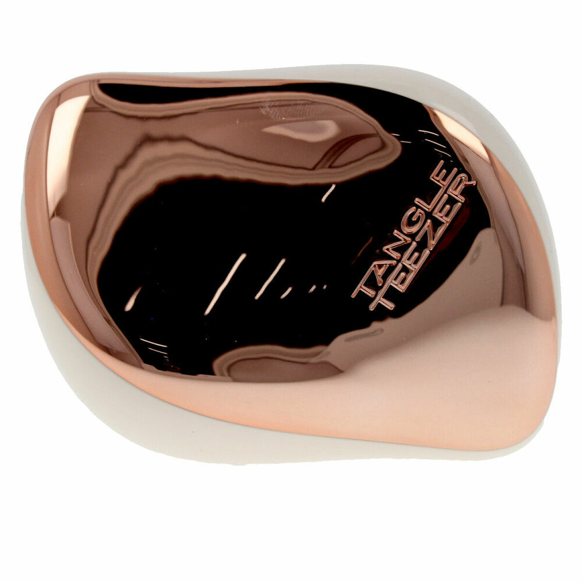 Una spazzola per capelli Tangle Teezer oro rosa e bianca. La spazzola è di forma ovale, con il marchio.