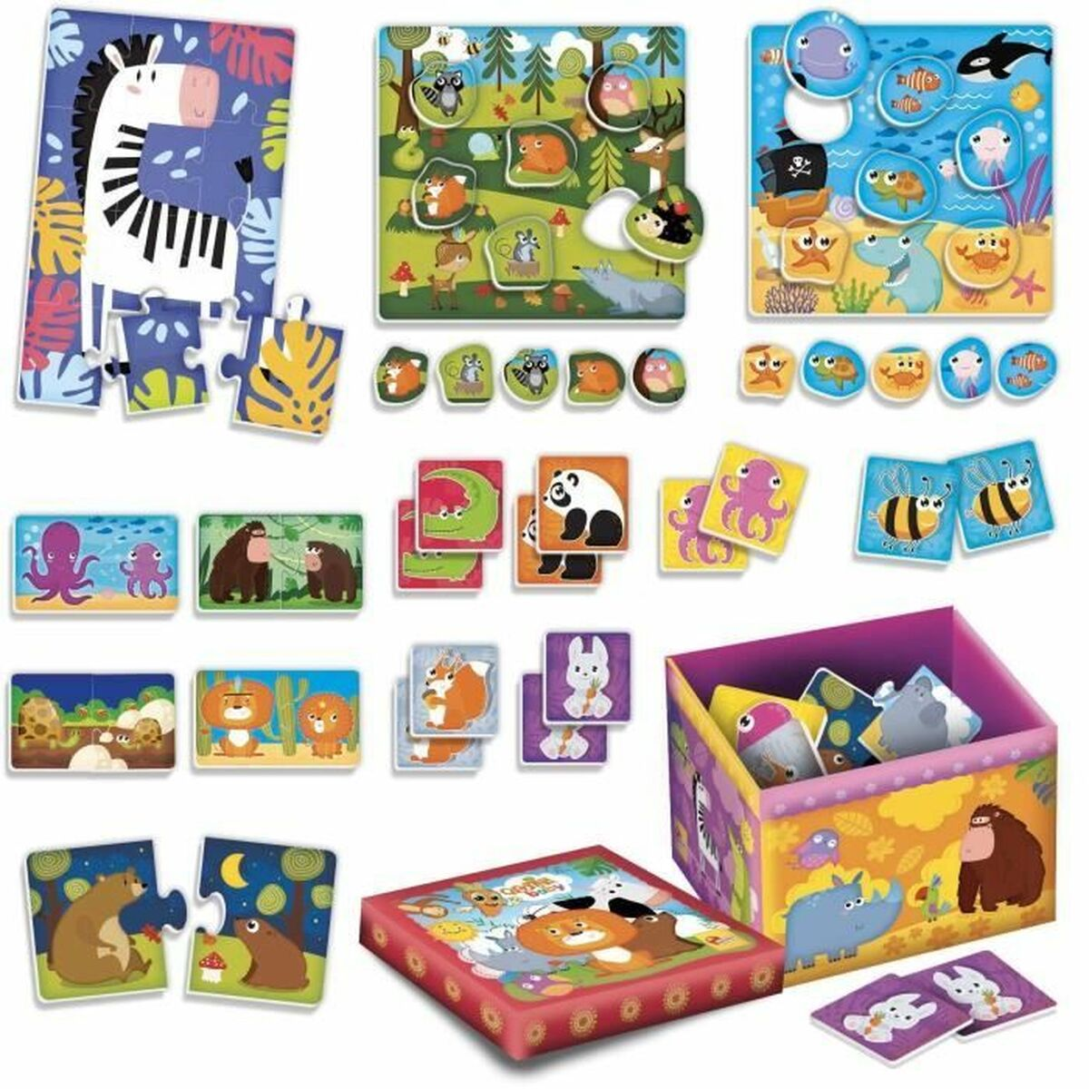 Vari puzzle e giochi di abbinamento per bambini con animali come zebra, orso, panda e creature marine.