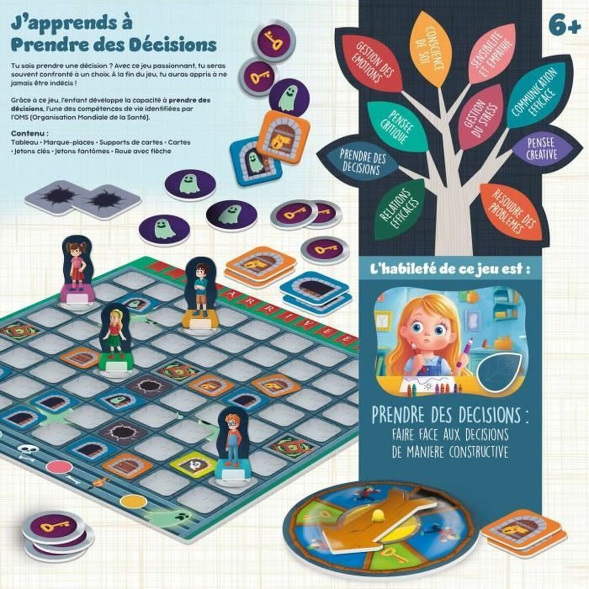 Gioco da tavolo con figure di bambini, chiavi, fantasmi e un diagramma ad albero sulla presa di decisioni.