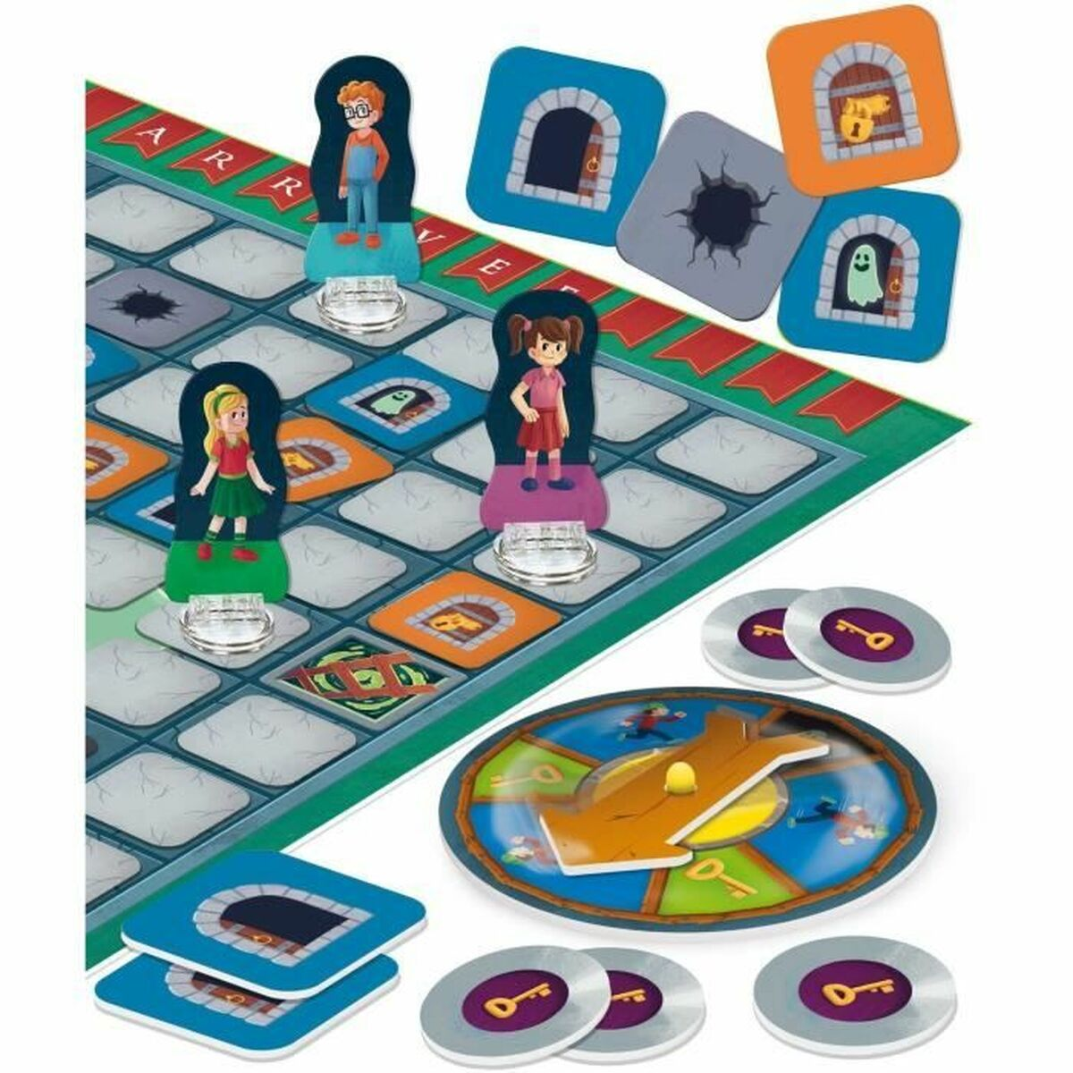 Gioco da tavolo con personaggi, carte e gettoni. Include una trottola e gettoni a forma di chiave. Il tabellone ha un tema castello.
