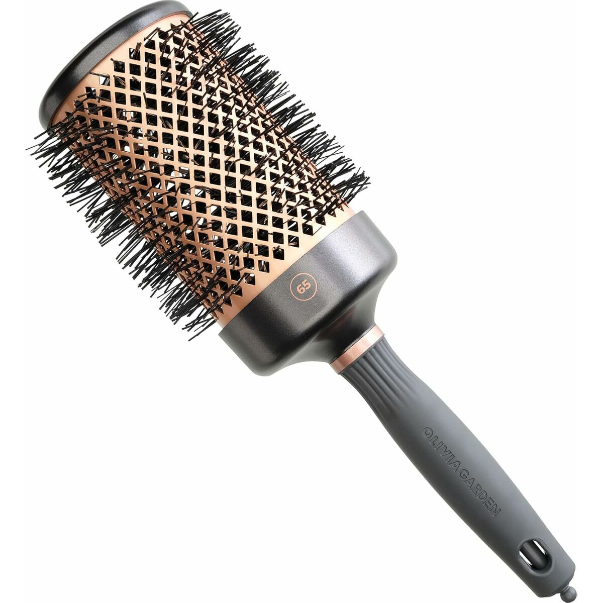 Una spazzola rotonda per capelli con manico grigio e canna color oro rosa. Le setole sono nere.