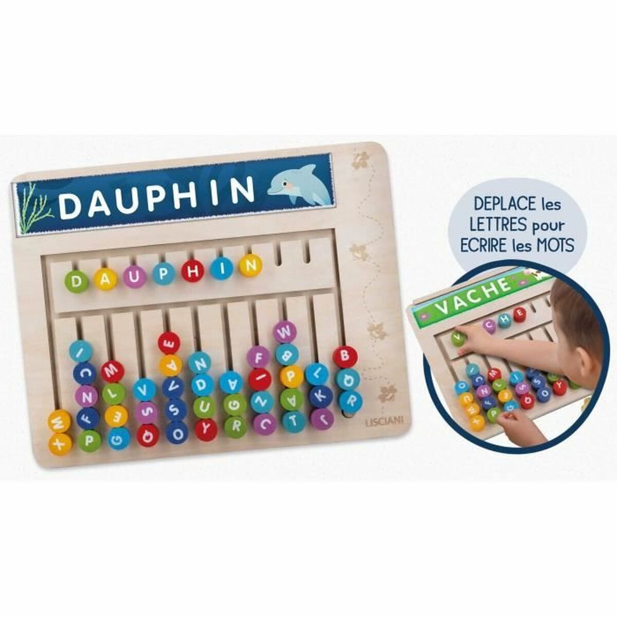 Giocattolo educativo in legno con lettere colorate per comporre parole. Viene visualizzata la parola 'DAUPHIN'. Un bambino gioca.