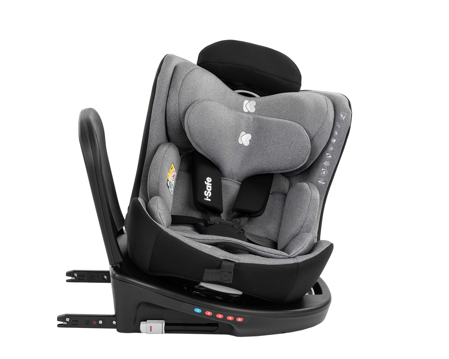 Ein grauer und schwarzer i-Safe Kindersitz. Er hat eine Kopfstütze, Seitenstützen und einen Gurt. Die Basis zeigt Zahleneinstellungen.