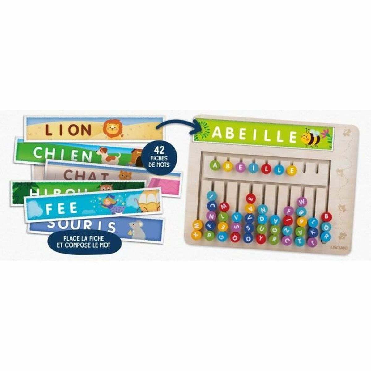 Un giocattolo educativo per bambini con perline di lettere e carte. Le carte mostrano parole come leone, ape. La parola 'ABEILLE' è scritta.