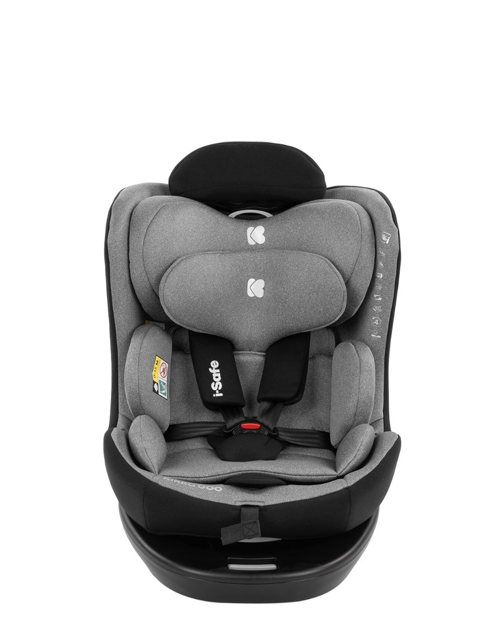 Ein grauer und schwarzer i-Safe-Kindersitz. Er hat eine Kopfstütze und Sicherheitsgurte. Der Sitz steht auf einer schwarzen Basis.