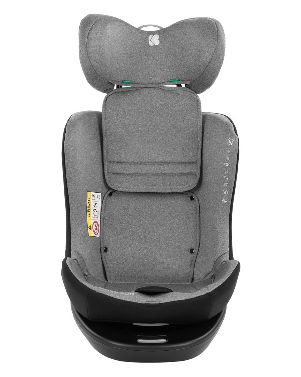 Ein grauer und schwarzer Kindersitz, Vorderansicht. Er hat eine Kopfstütze, Rückenlehne und Basis. Der Sitz hat ein Airbag-Warnschild.