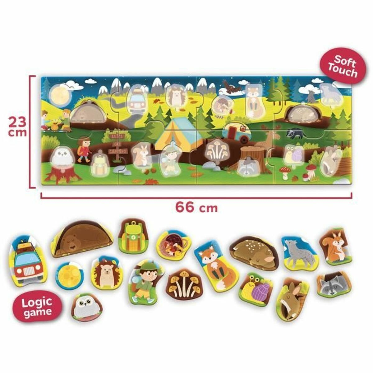 Un puzzle colorato con animali della foresta e scene di campeggio. Include un'auto, una tenda, un gufo, una volpe e funghi.