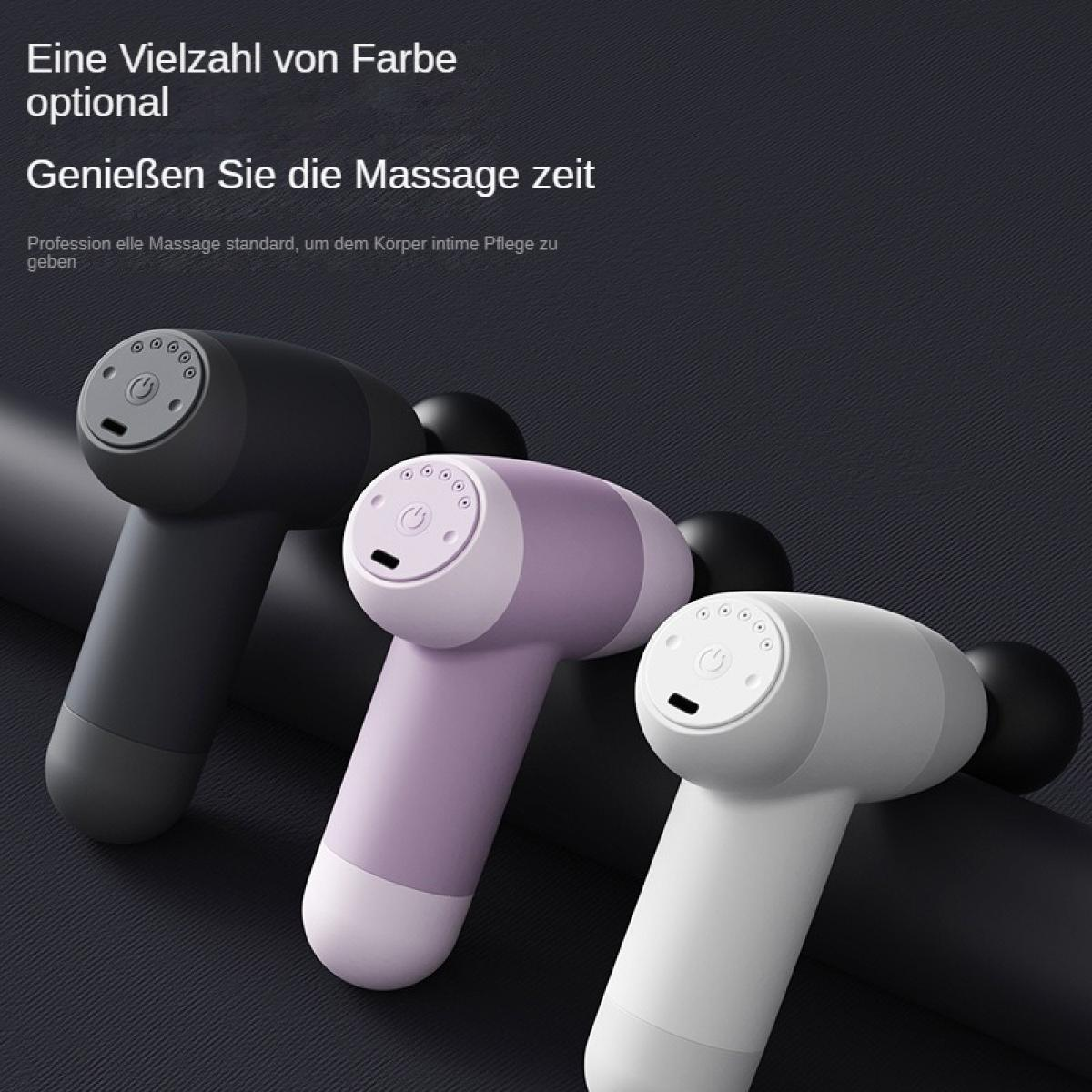 Drei Massagepistolen in Schwarz, Lila und Weiß. Der Hintergrund ist dunkelgrau. Text oben: Genießen Sie die Massagezeit.