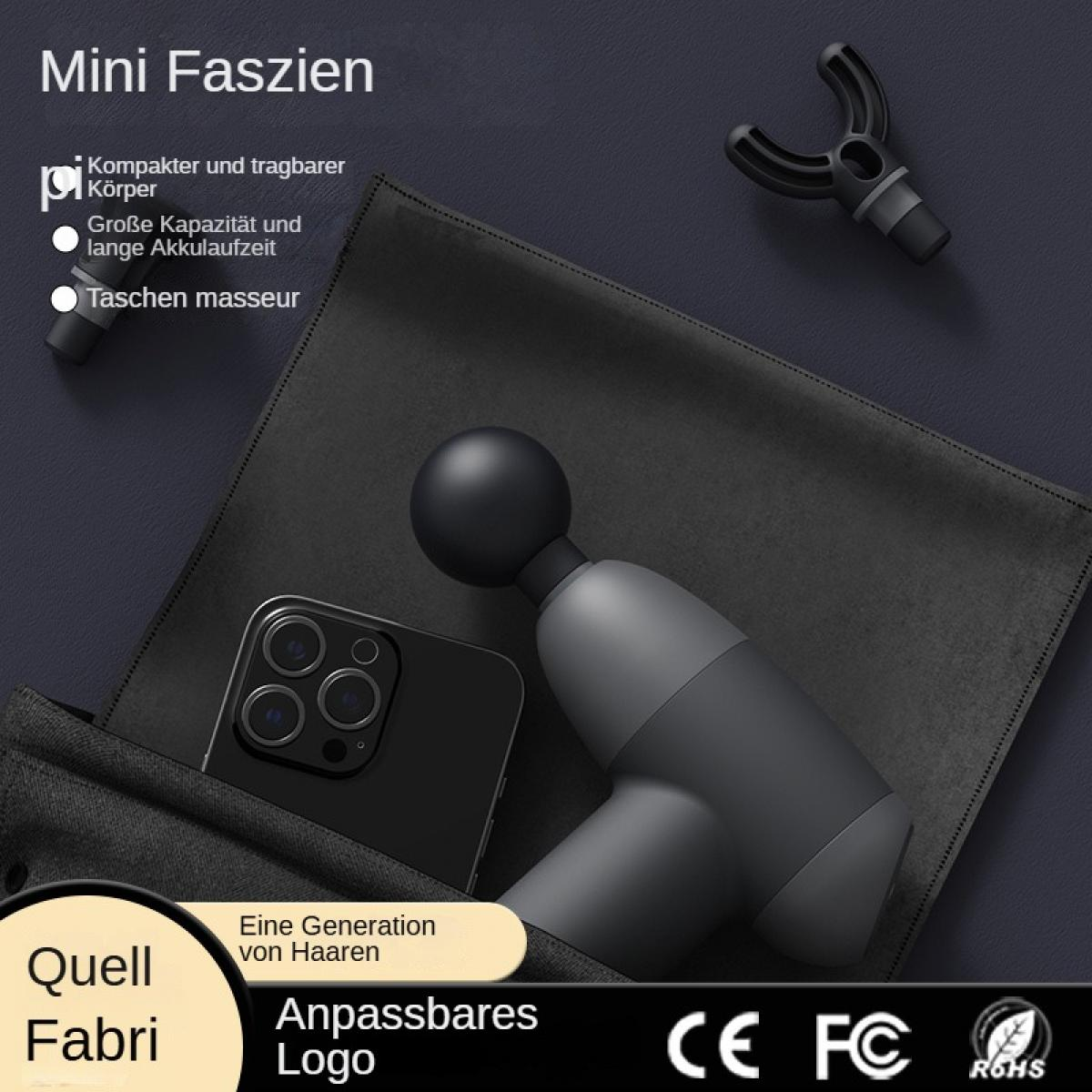 Eine schwarze Massagepistole, ein Telefon und Zubehör befinden sich auf einem dunklen Hintergrund. Text hebt Funktionen hervor.
