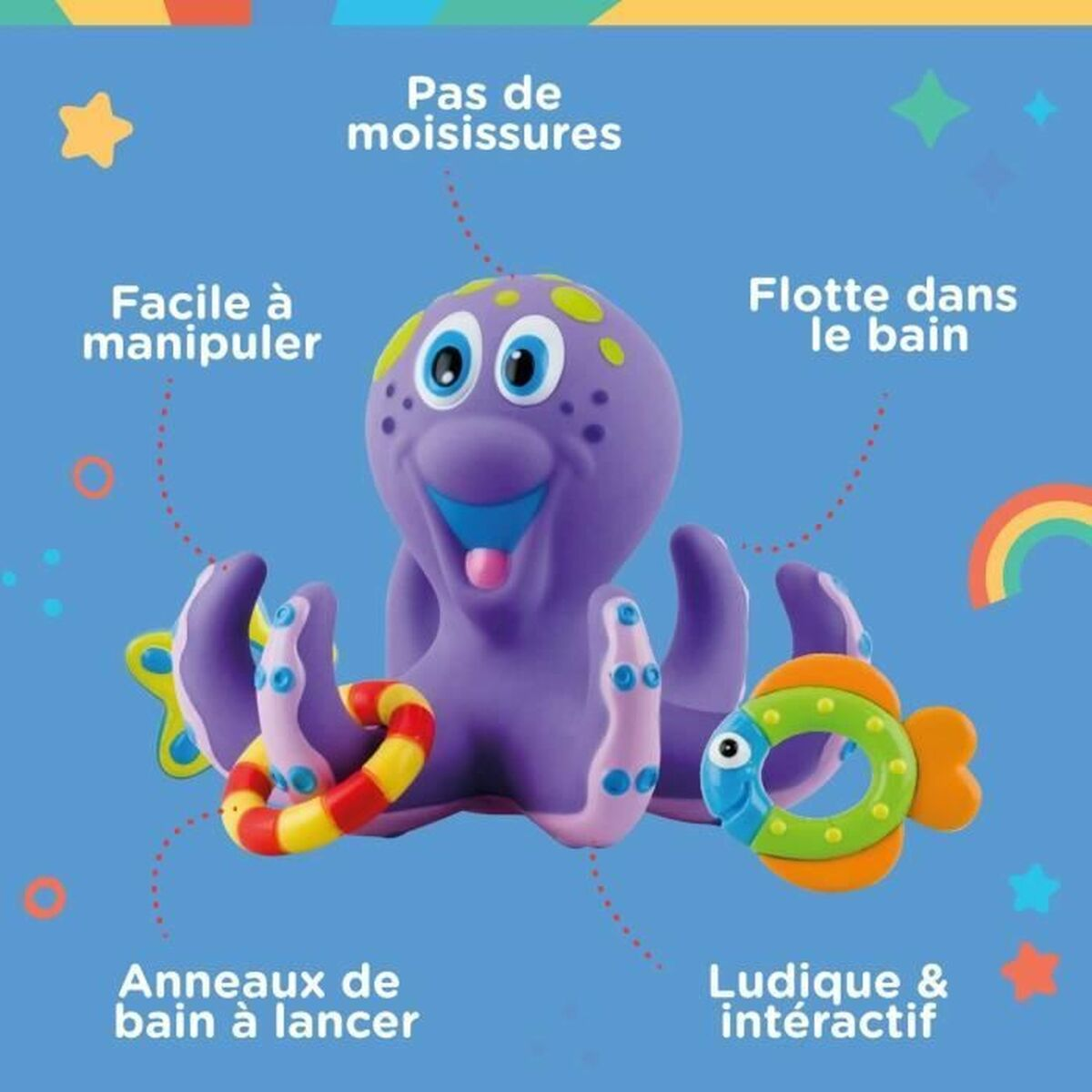 Ein lila Oktopus-Spielzeug mit einem Fisch und Ringen, entworfen für Badespaß. Der Hintergrund ist blau mit französischem Text.