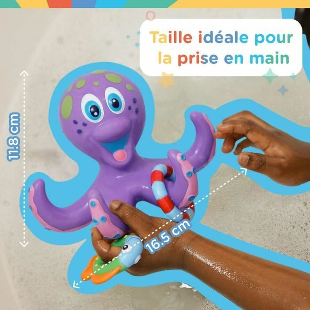 Ein lila Oktopus-Spielzeug wird von einer Hand gehalten. Ein blaues und grünes Spielzeug befindet sich auf den Tentakeln. Der Text besagt, dass die Größe ideal zum Greifen ist.