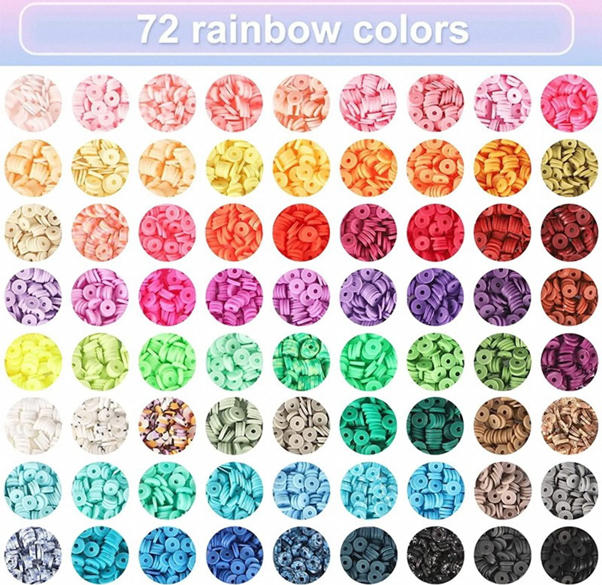Das Bild zeigt 72 farbige Perlen, die in Kreisen angeordnet sind. Die Farben reichen von Rosa bis Blau und Grün.