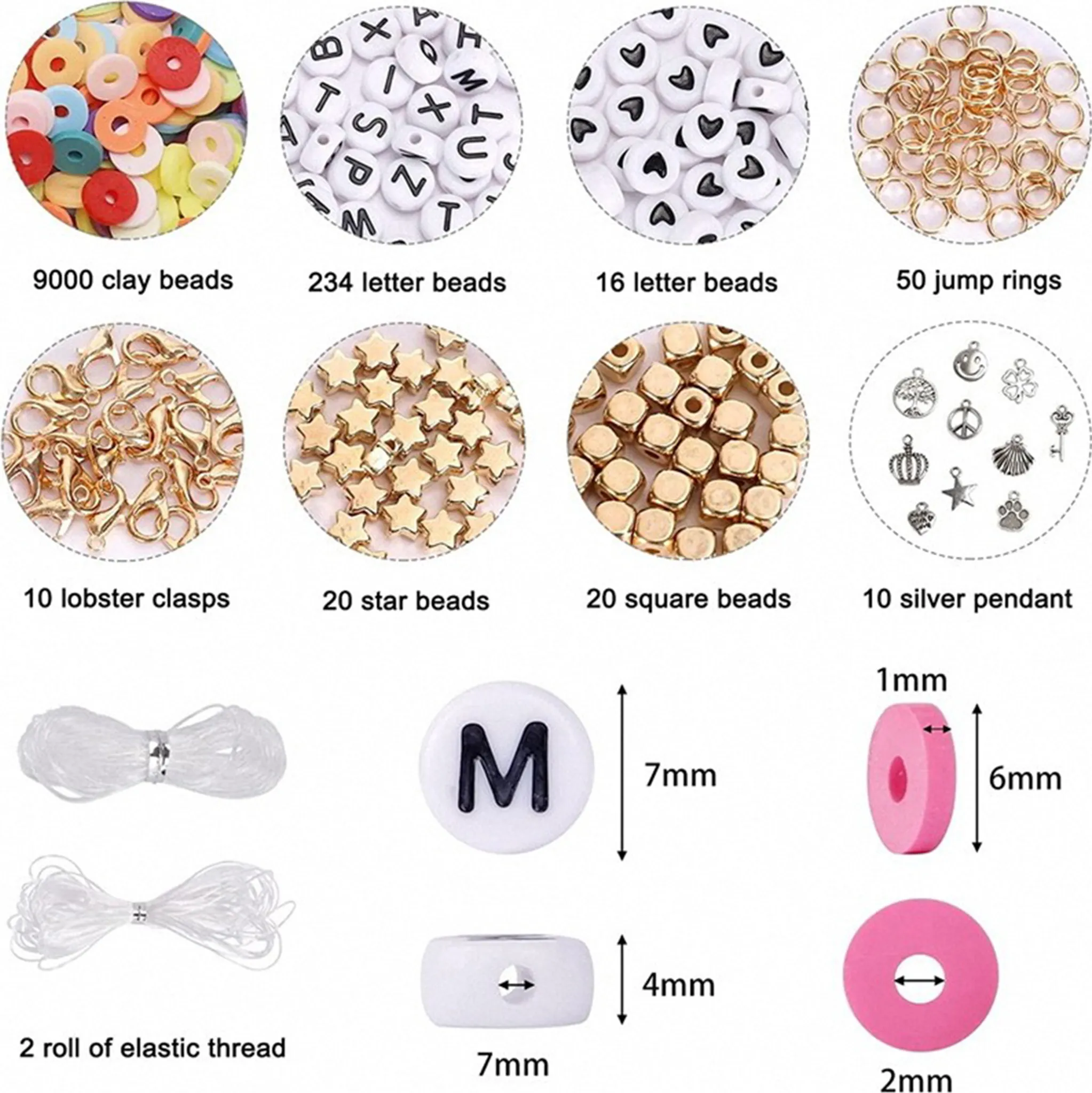 Das Bild zeigt verschiedene Bastelmaterialien: Perlen, Verschlüsse, Anhänger und elastischen Faden. Enthält Maße von Perlen.