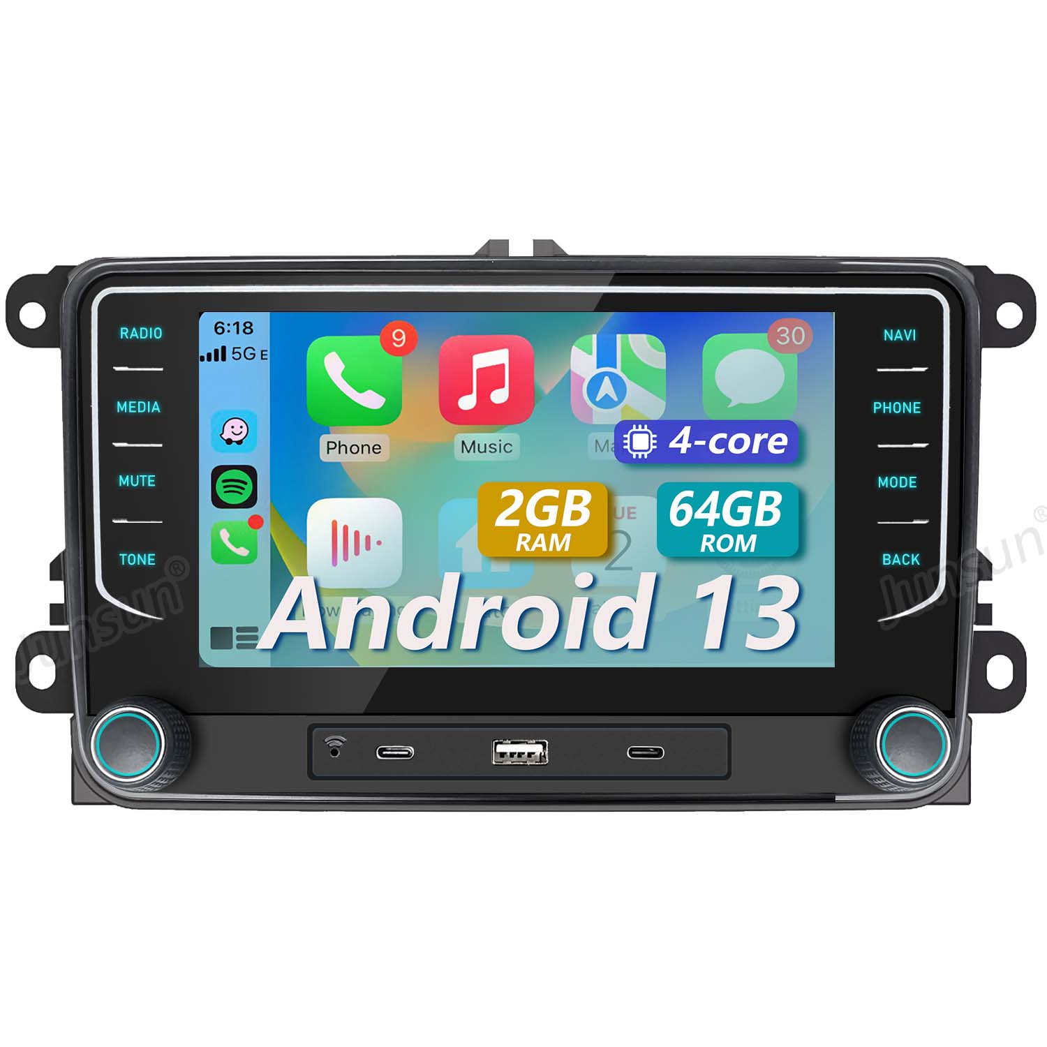 Sistema multimediale per auto con interfaccia Android 13. Mostra icone per telefono, musica, app e info di sistema. 2GB RAM e 64GB ROM.