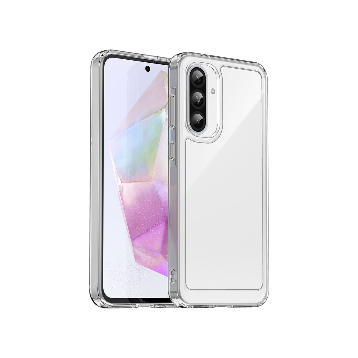 Transparente Handyhülle und Handy. Das Handy befindet sich in der Hülle und zeigt den Bildschirm mit einem bunten Bild.