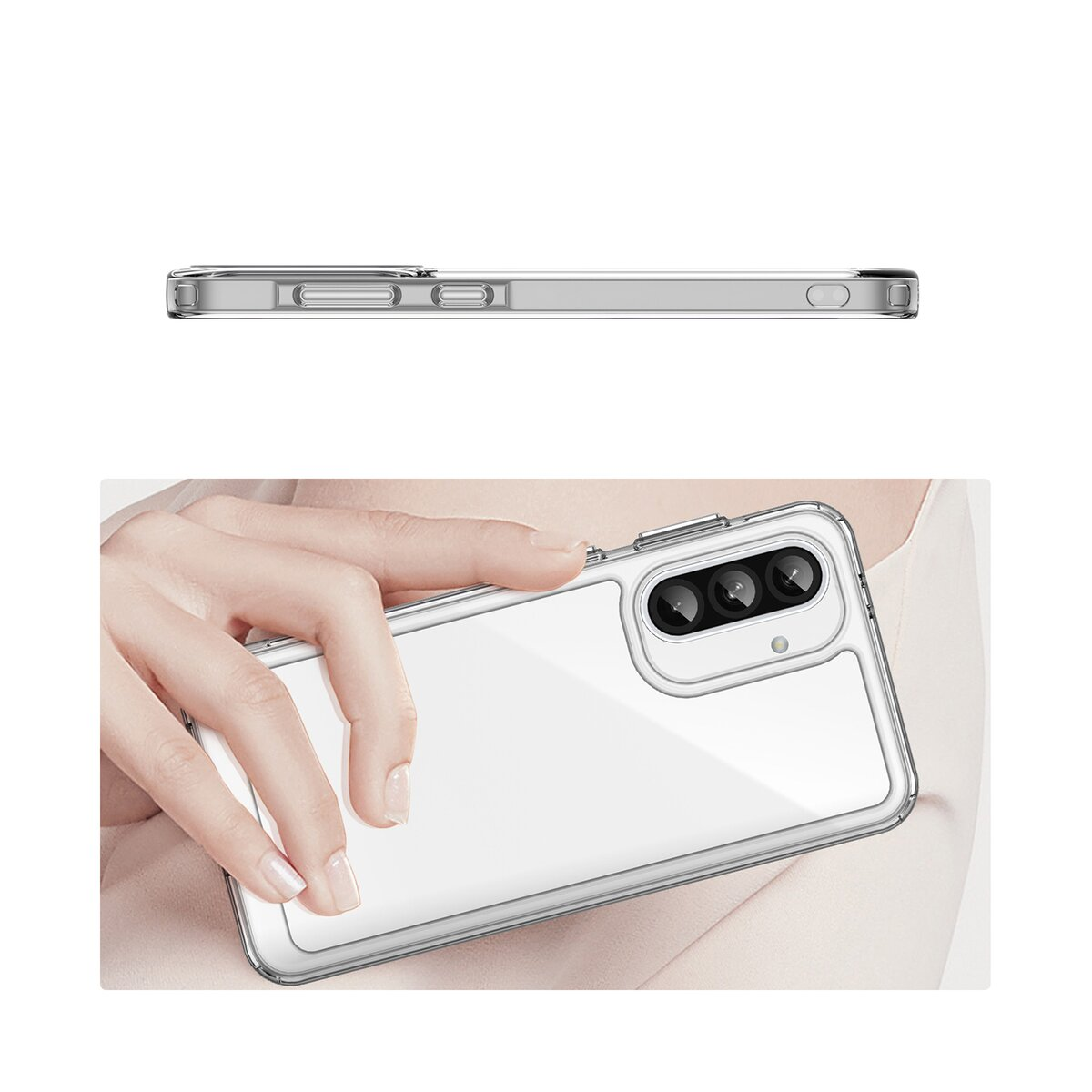 Eine transparente Handyhülle wird von einer Person gehalten. Die Hülle befindet sich auf einem weißen Telefon. Die Seitenansicht der Hülle befindet sich oben.